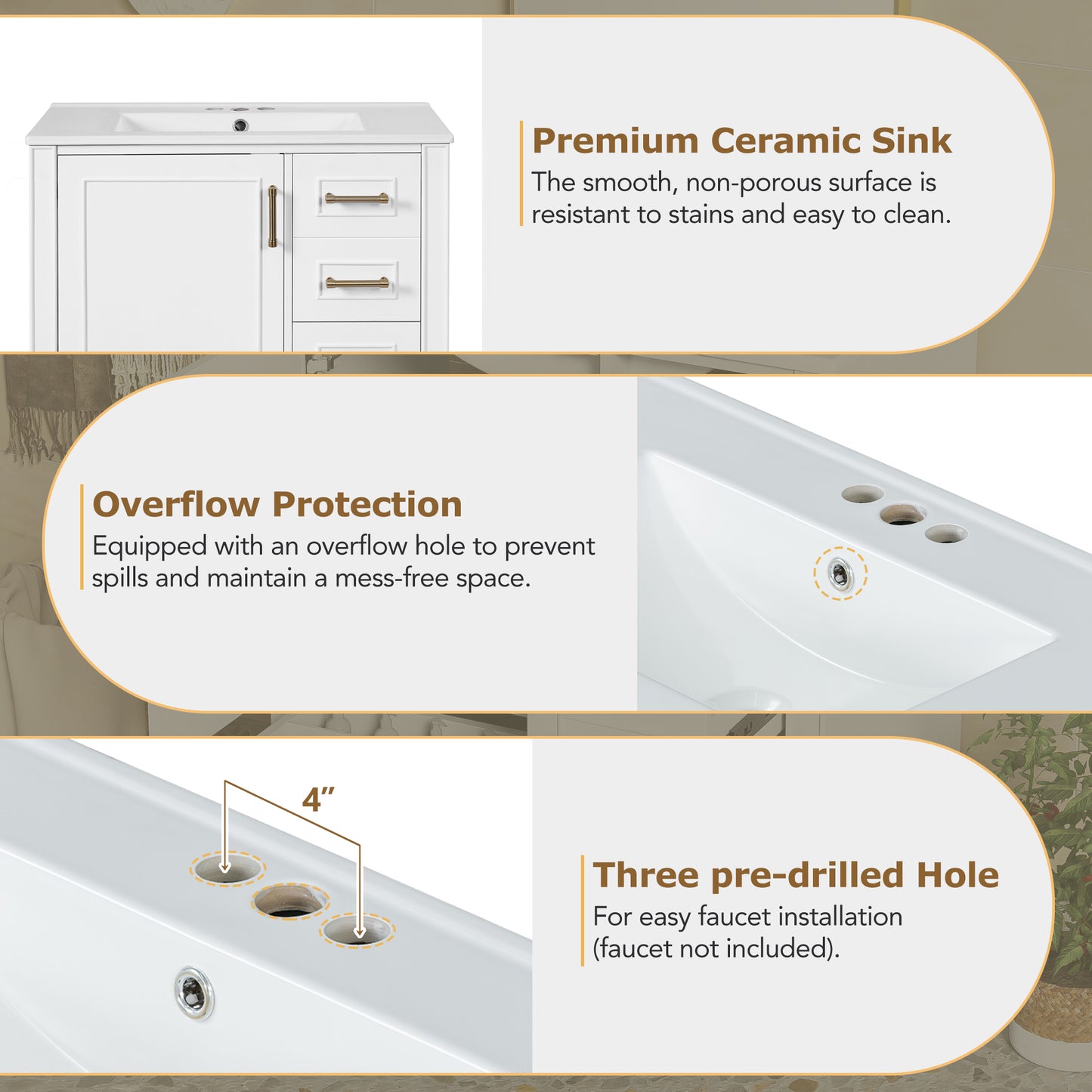 VanityFus 30-in Bathroom White Vanity Single Sink Combo Ceramic Top 1 Soft-Close Doors 3 Drawer