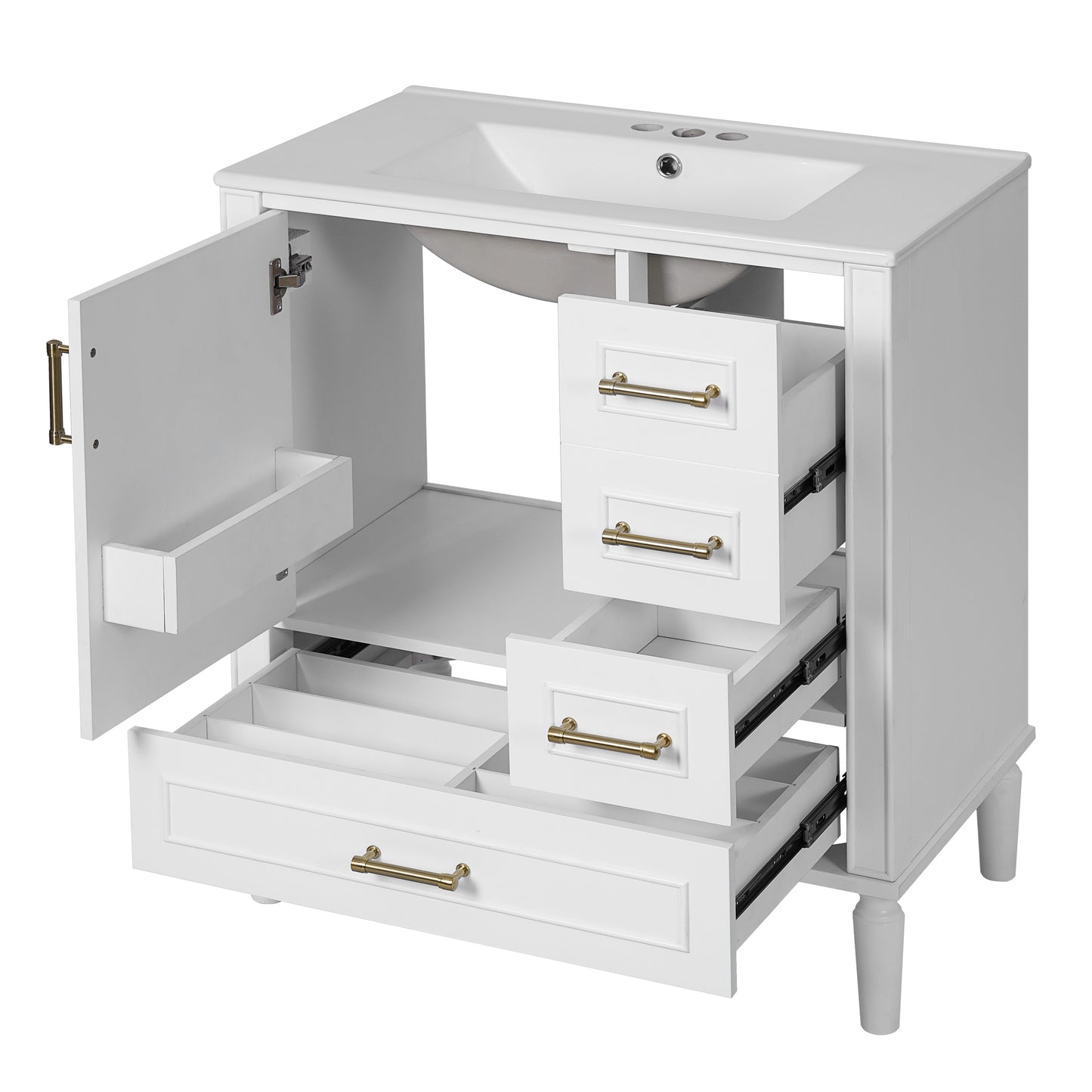 VanityFus 30-in Bathroom White Vanity Single Sink Combo Ceramic Top 1 Soft-Close Doors 3 Drawer