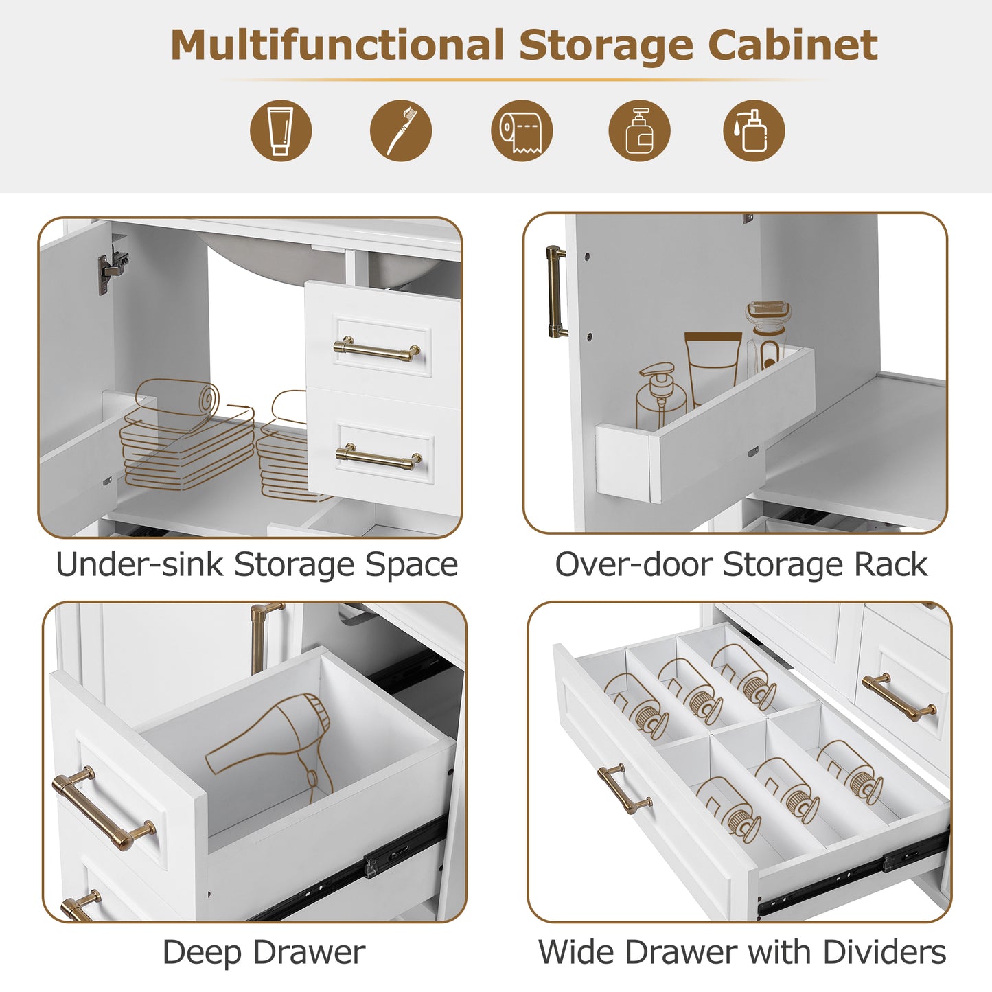 VanityFus 30-in Bathroom White Vanity Single Sink Combo Ceramic Top 1 Soft-Close Doors 3 Drawer