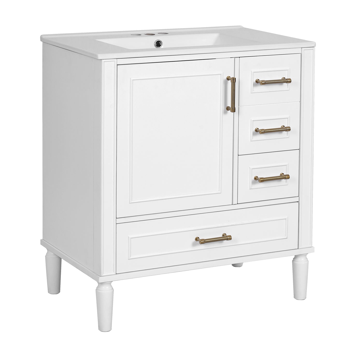 VanityFus 30-in Bathroom White Vanity Single Sink Combo Ceramic Top 1 Soft-Close Doors 3 Drawer