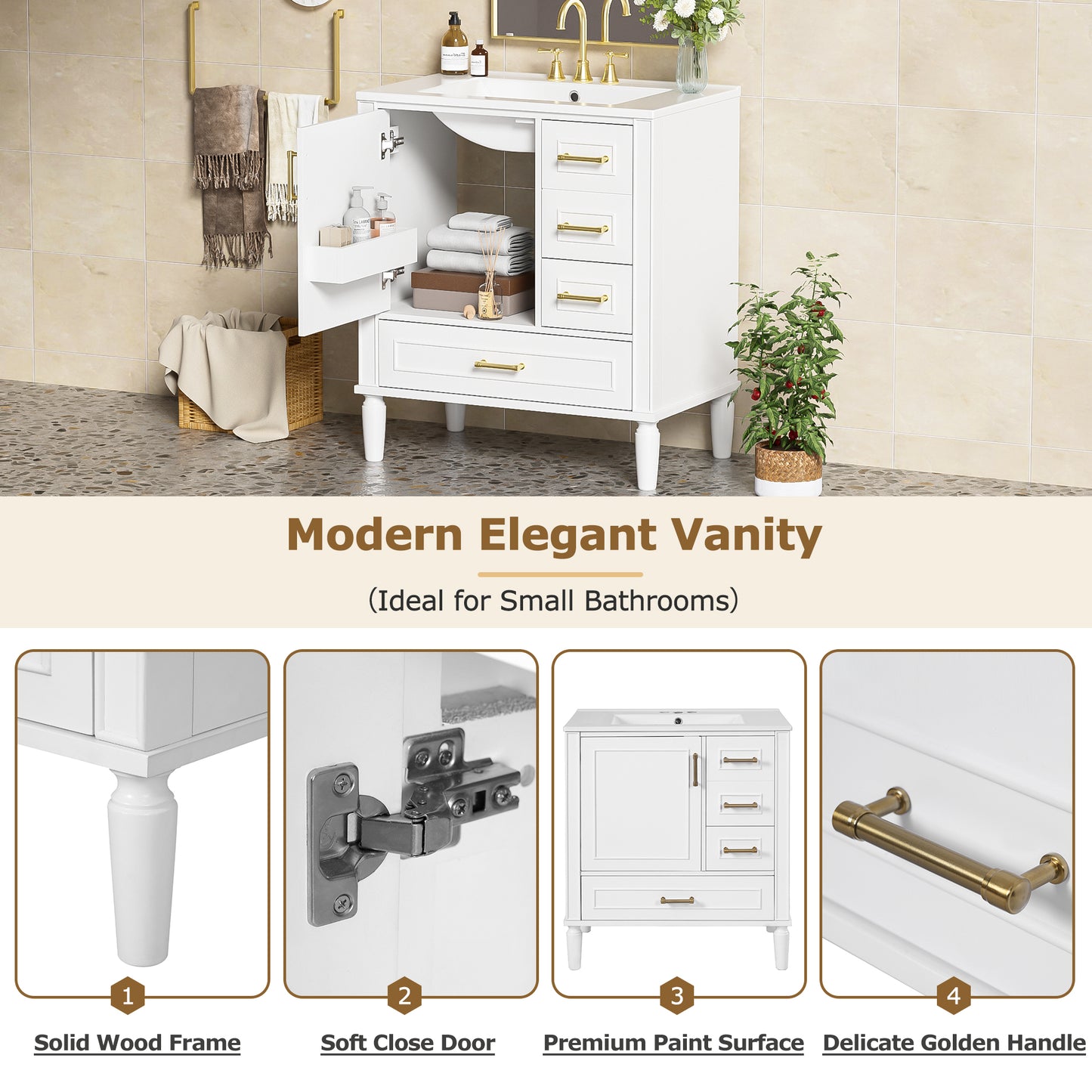 VanityFus 30-in Bathroom White Vanity Single Sink Combo Ceramic Top 1 Soft-Close Doors 3 Drawer