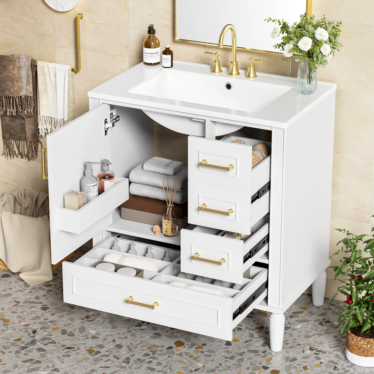 VanityFus 30-in Bathroom White Vanity Single Sink Combo Ceramic Top 1 Soft-Close Doors 3 Drawer