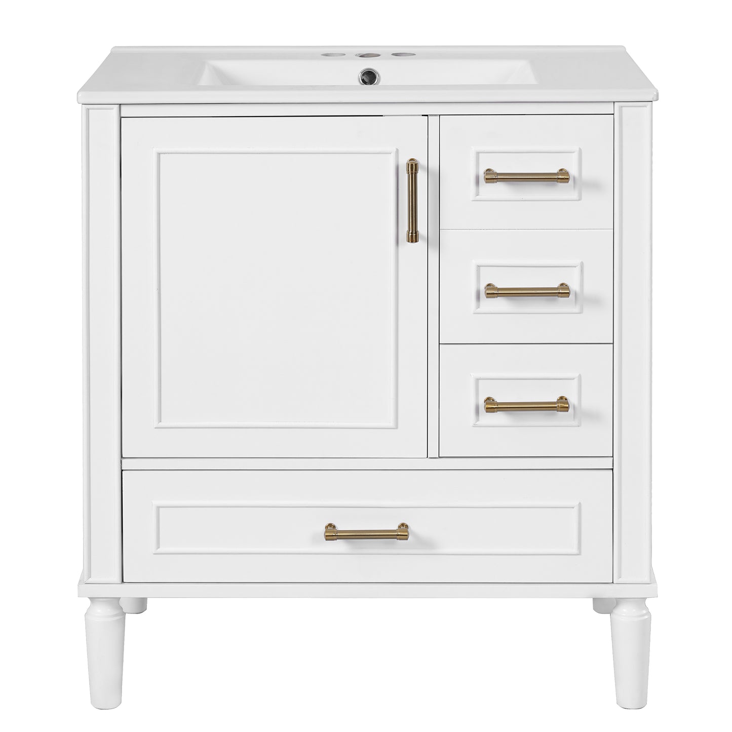 VanityFus 30-in Bathroom White Vanity Single Sink Combo Ceramic Top 1 Soft-Close Doors 3 Drawer