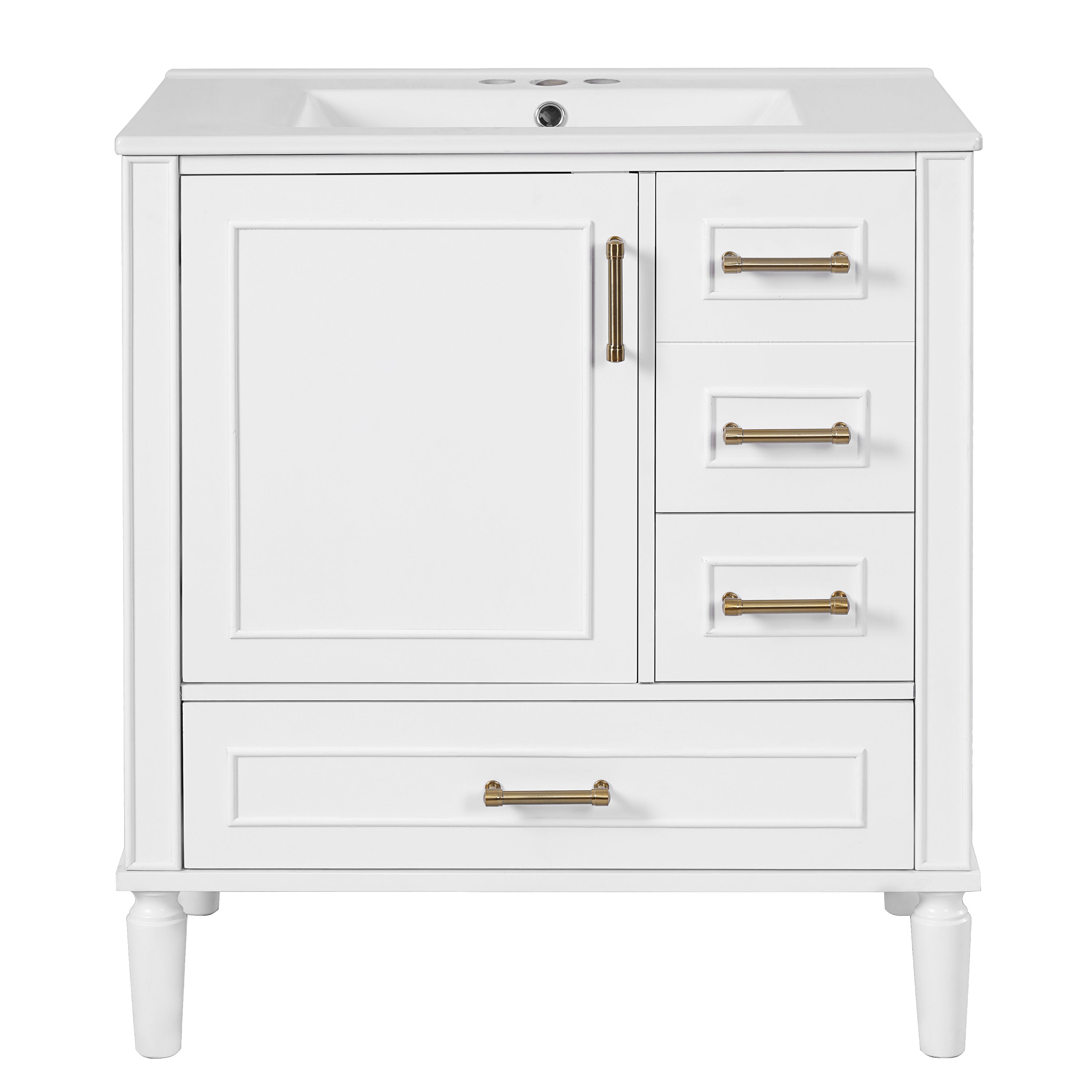 VanityFus 30-in Bathroom White Vanity Single Sink Combo Ceramic Top 1 Soft-Close Doors 3 Drawer