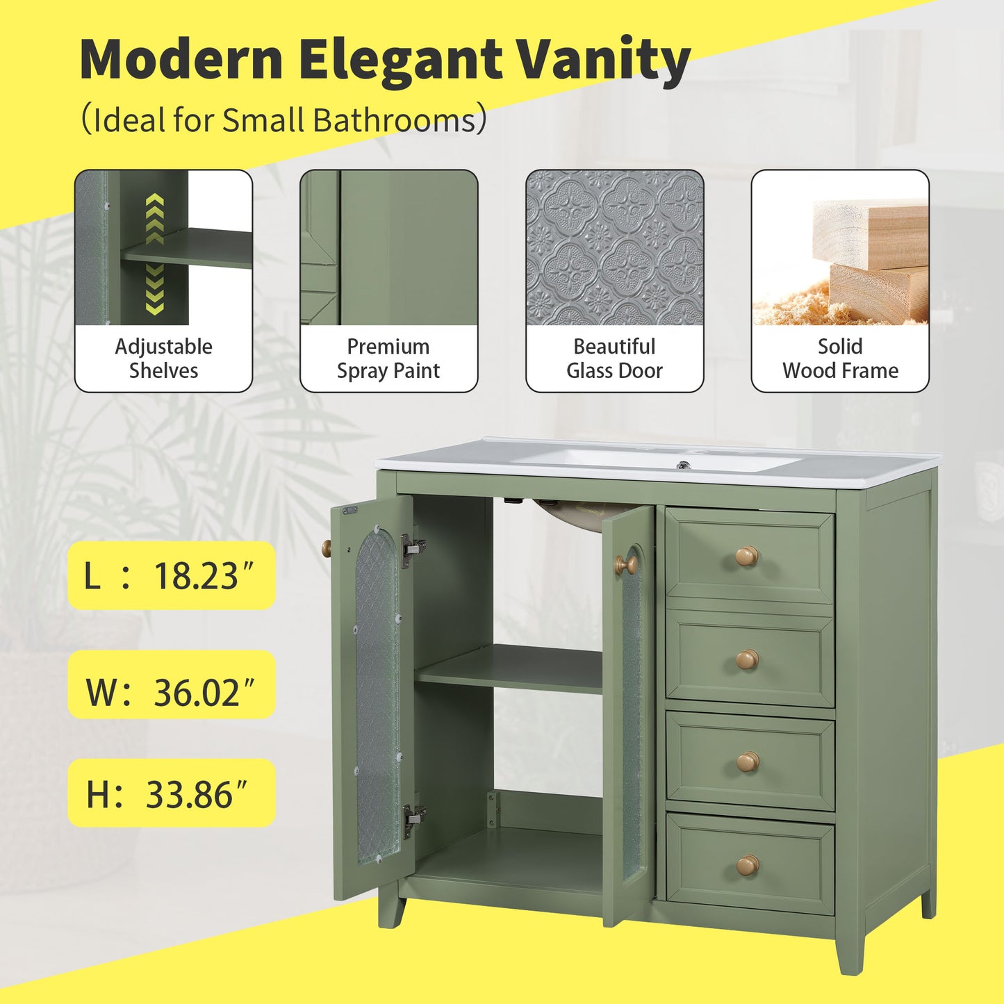 VanityFus 36-in Single Sink Combo Green Bathroom Vanity Ceramic Top 2 Soft-Close Doors 3 drawer
