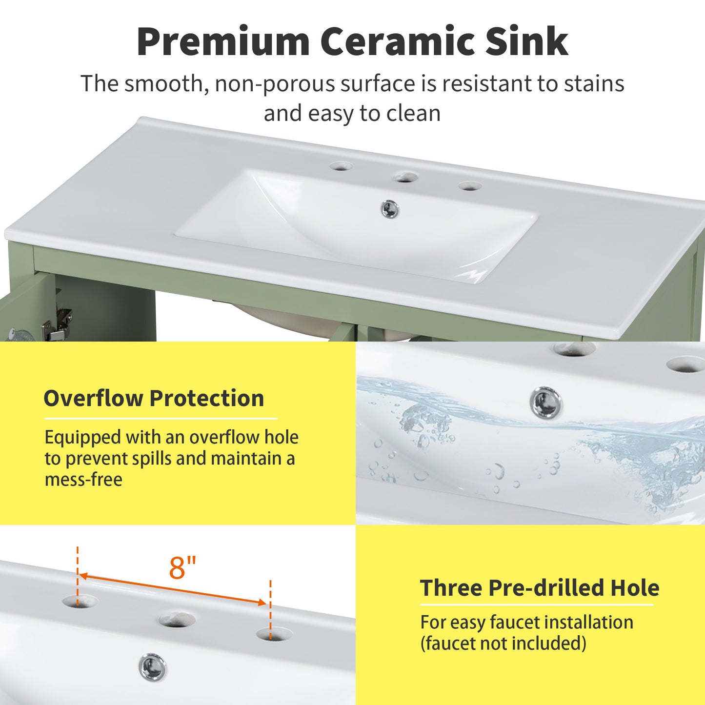 VanityFus 36-in Single Sink Combo Green Bathroom Vanity Ceramic Top 2 Soft-Close Doors 3 drawer