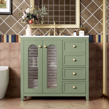 VanityFus 36-in Single Sink Combo Green Bathroom Vanity Ceramic Top 2 Soft-Close Doors 3 drawer