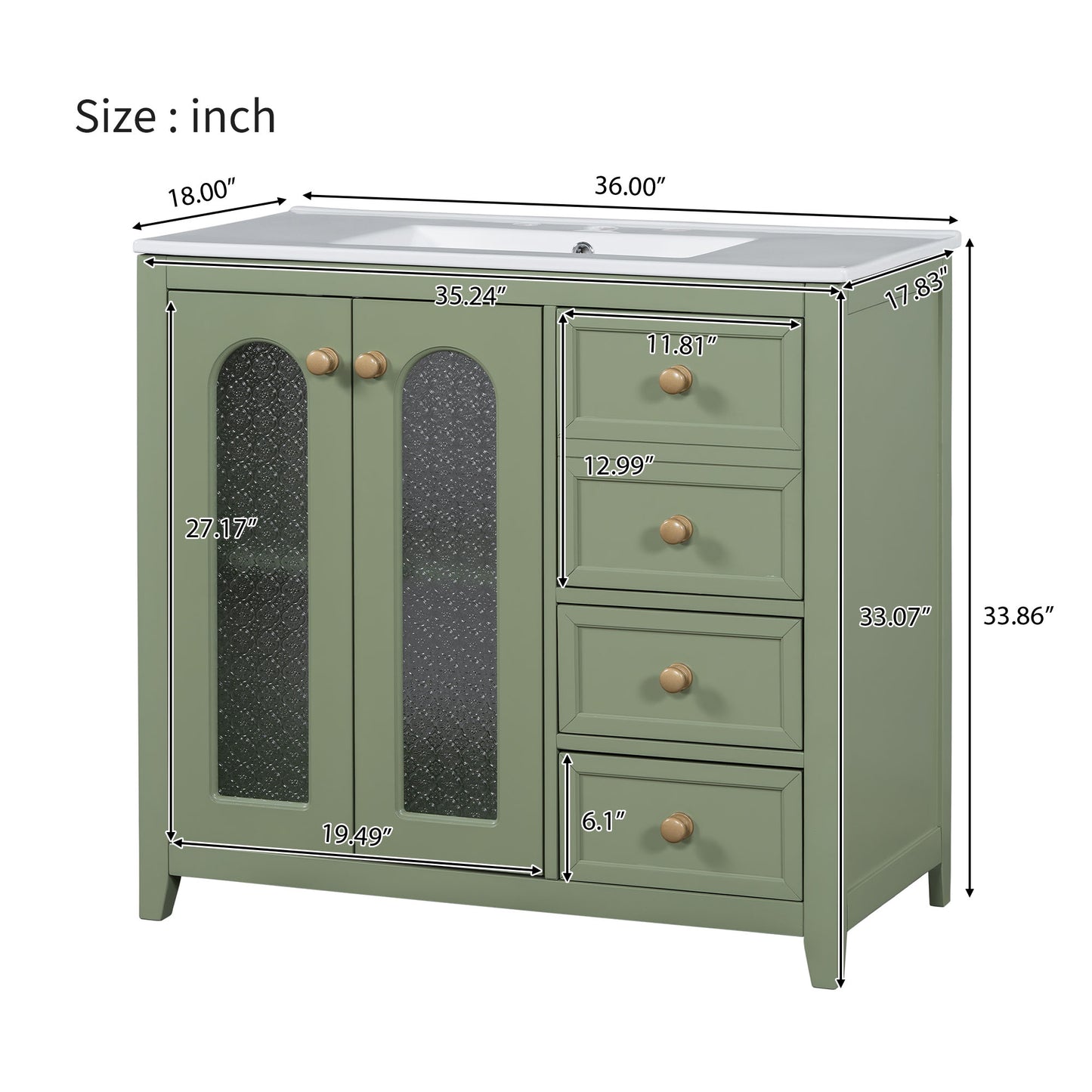 VanityFus 36-in Single Sink Combo Green Bathroom Vanity Ceramic Top 2 Soft-Close Doors 3 drawer