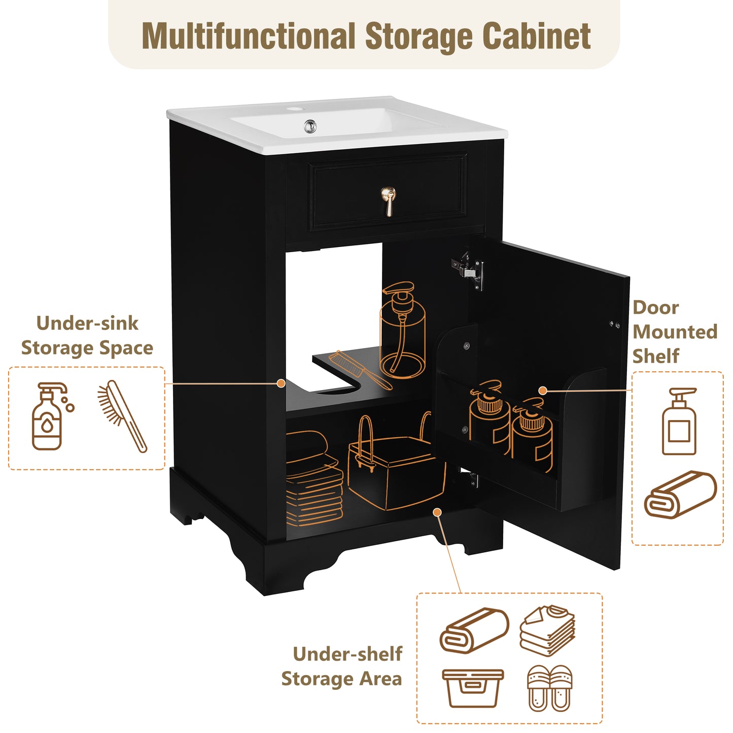 VanityFus Black 20-in Bathroom Vanity Single Sink Combo Ceramic Top 1 Soft-Close Doors Adjustable shelves