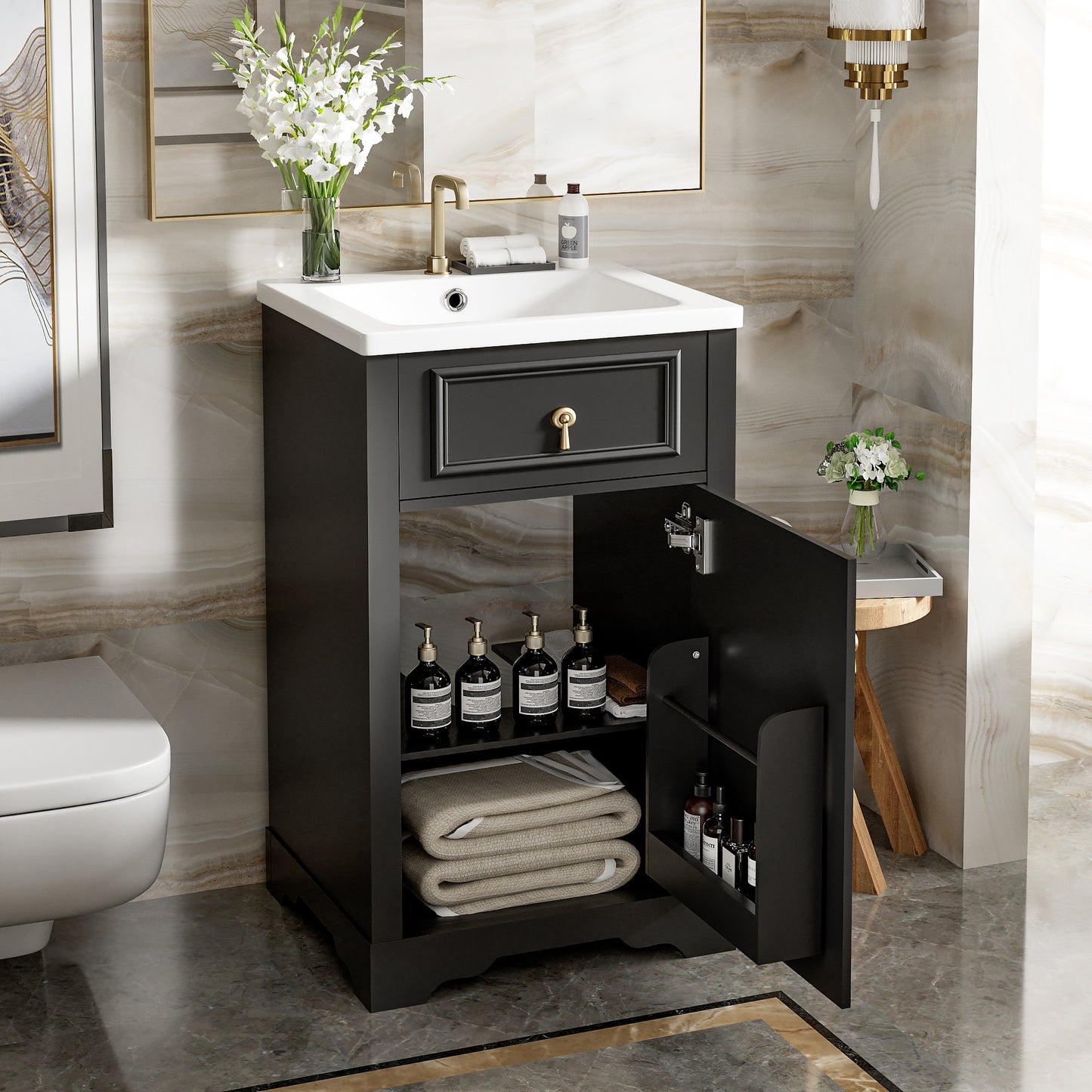 VanityFus Black 20-in Bathroom Vanity Single Sink Combo Ceramic Top 1 Soft-Close Doors Adjustable shelves