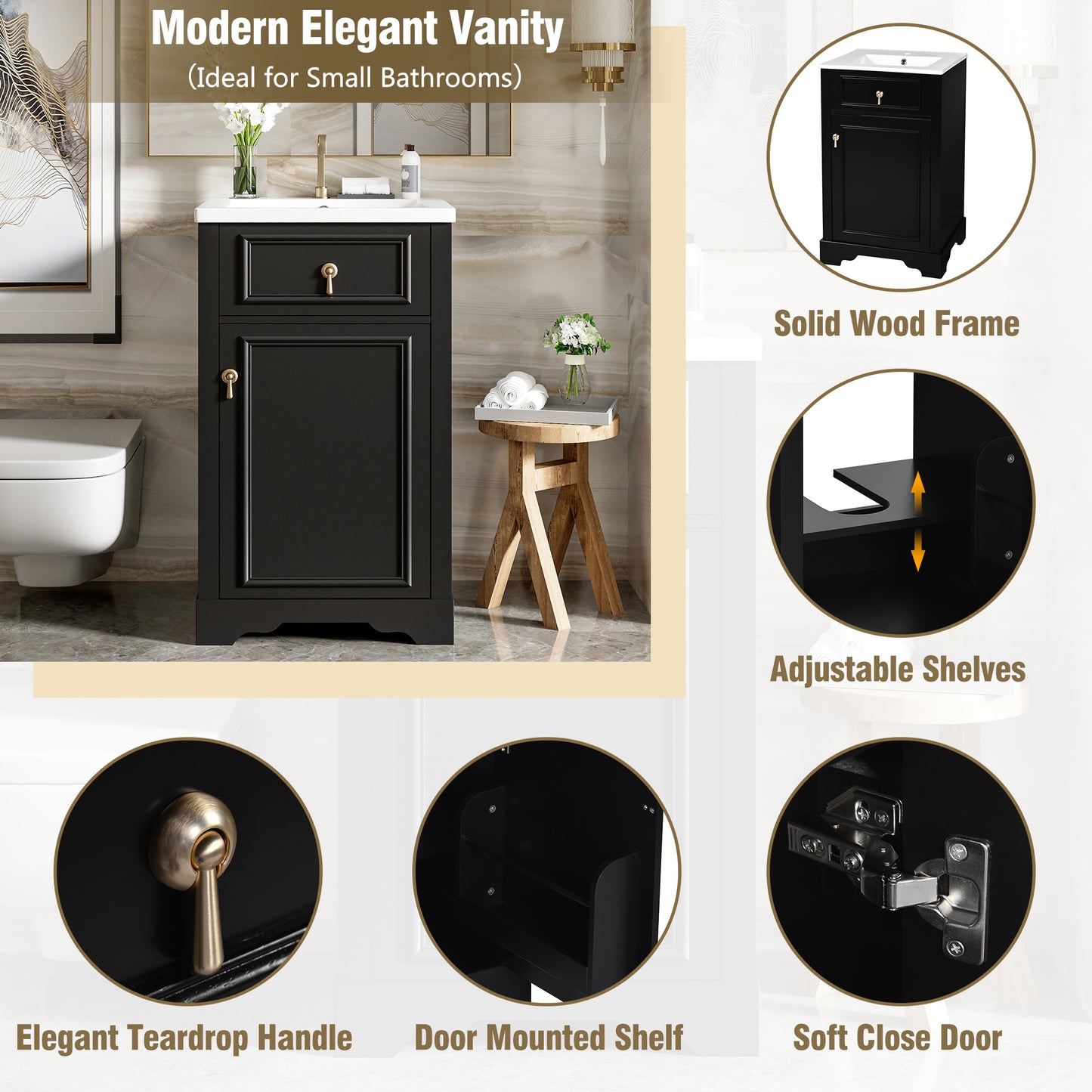 VanityFus Black 20-in Bathroom Vanity Single Sink Combo Ceramic Top 1 Soft-Close Doors Adjustable shelves