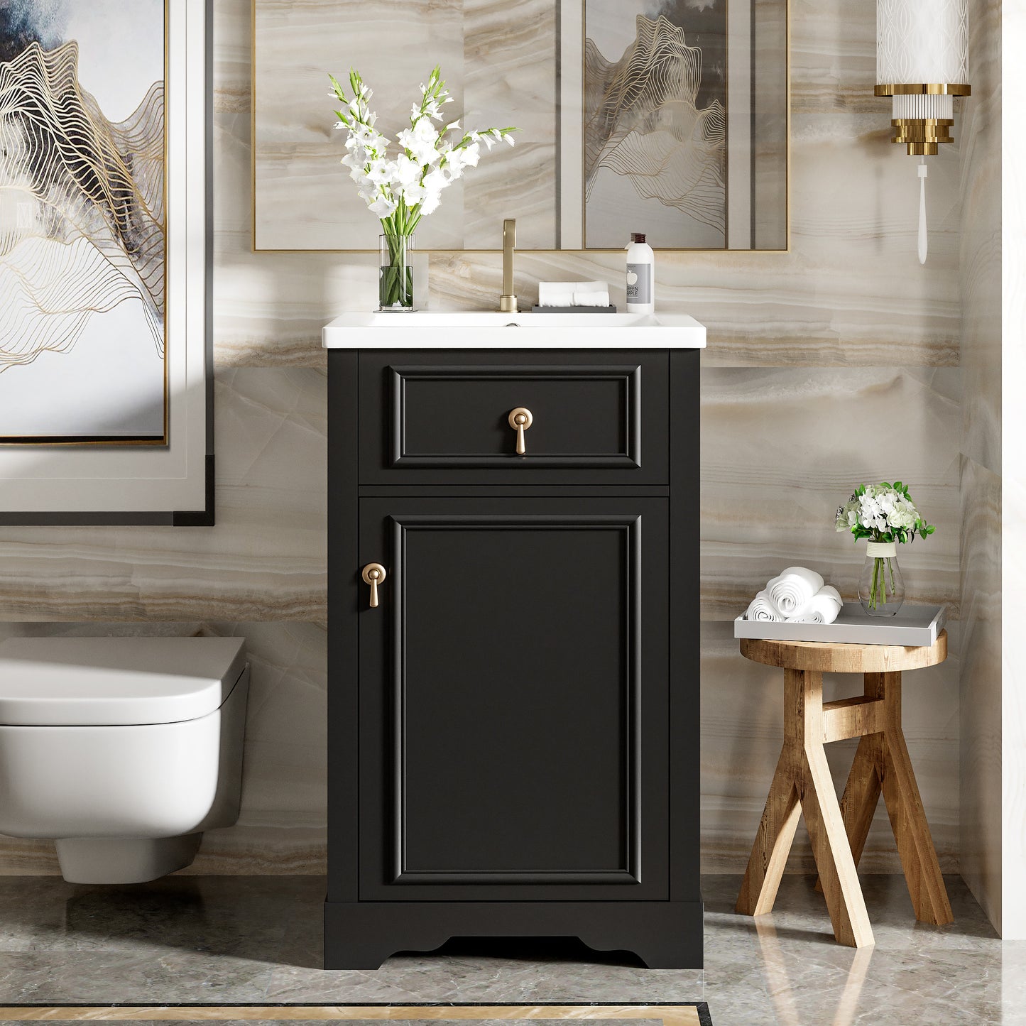 VanityFus Black 20-in Bathroom Vanity Single Sink Combo Ceramic Top 1 Soft-Close Doors Adjustable shelves