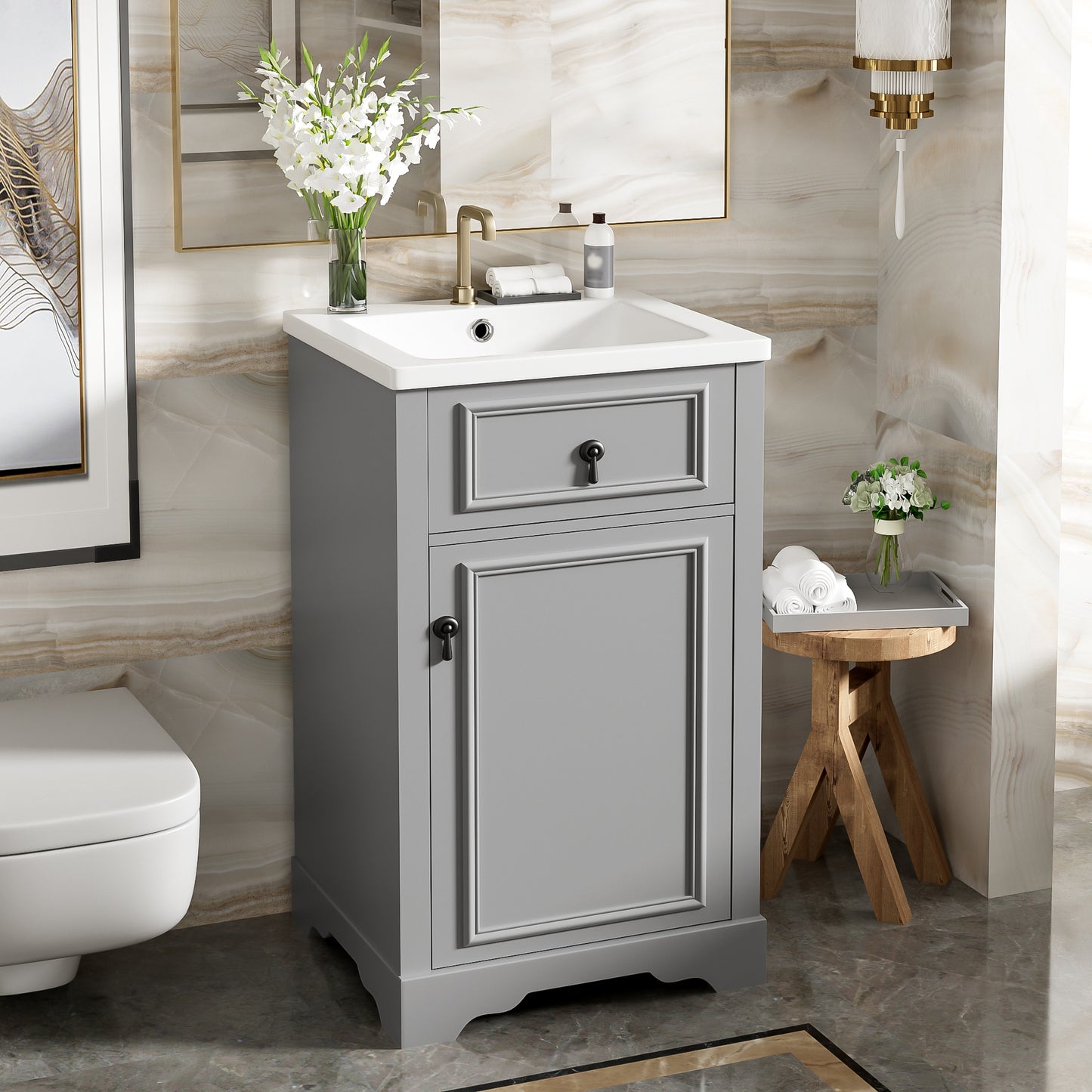 VanityFus Gray 20-in Bathroom Vanity Single Sink Combo Ceramic Top 1 Soft-Close Doors Adjustable shelves