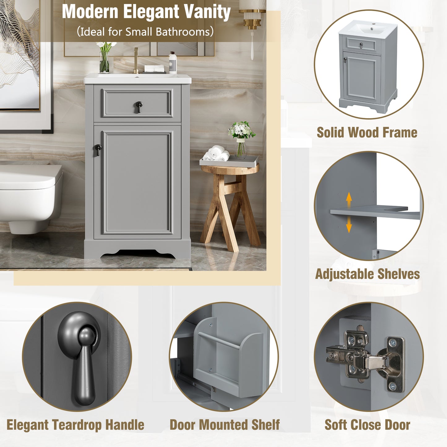 VanityFus Gray 20-in Bathroom Vanity Single Sink Combo Ceramic Top 1 Soft-Close Doors Adjustable shelves