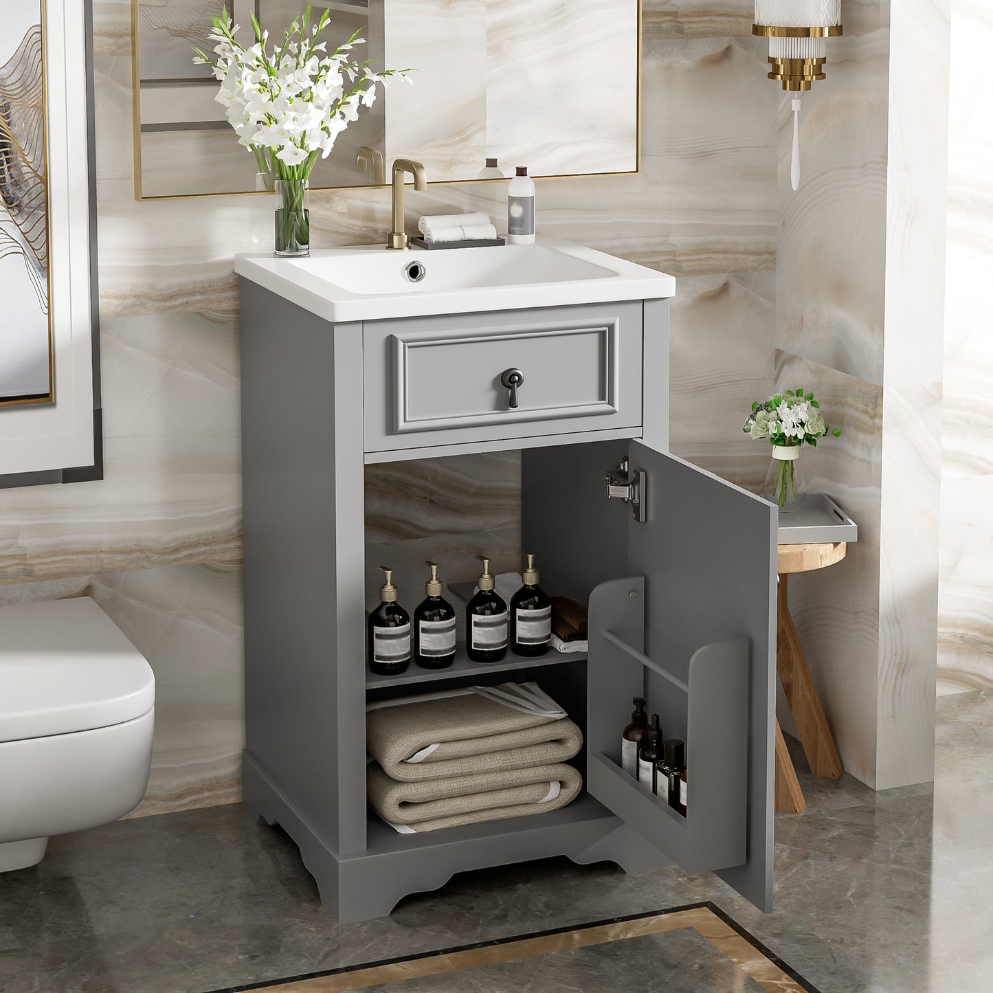 VanityFus Gray 20-in Bathroom Vanity Single Sink Combo Ceramic Top 1 Soft-Close Doors Adjustable shelves