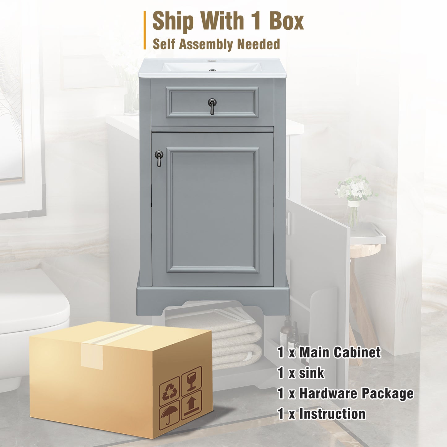 VanityFus Gray 20-in Bathroom Vanity Single Sink Combo Ceramic Top 1 Soft-Close Doors Adjustable shelves