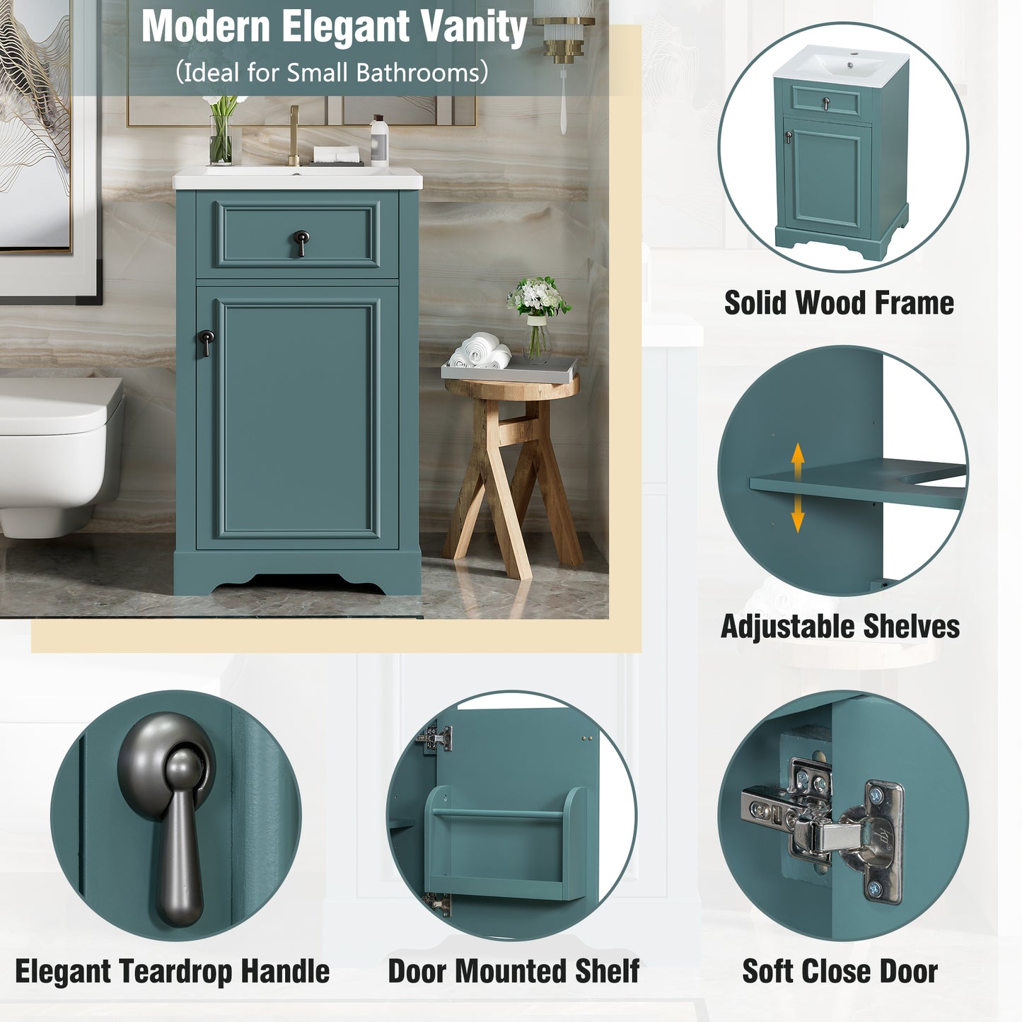 VanityFus Green 20-in Bathroom Vanity Single Sink Combo Ceramic Top 1 Soft-Close Doors Adjustable shelves