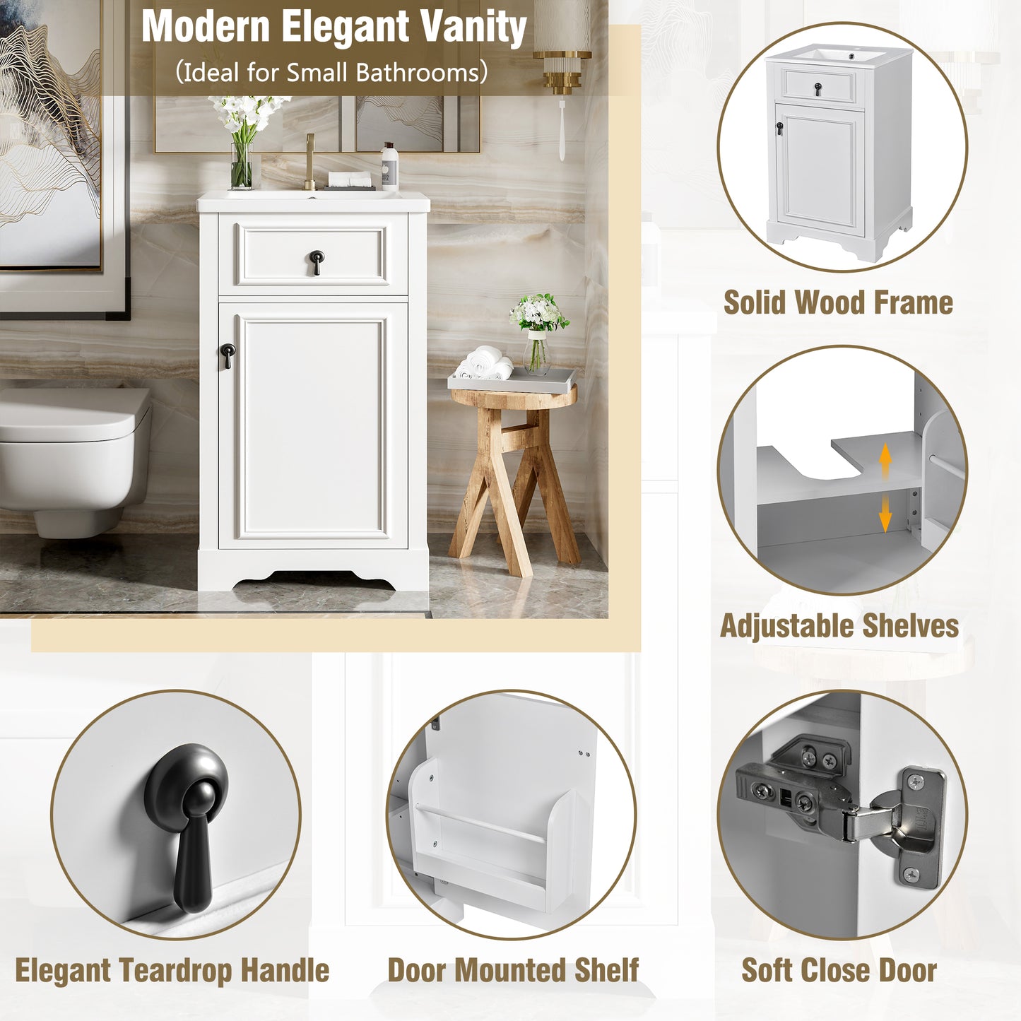 VanityFus White 20-in Bathroom Vanity Single Sink Combo Ceramic Top 1 Soft-Close Doors Adjustable shelves