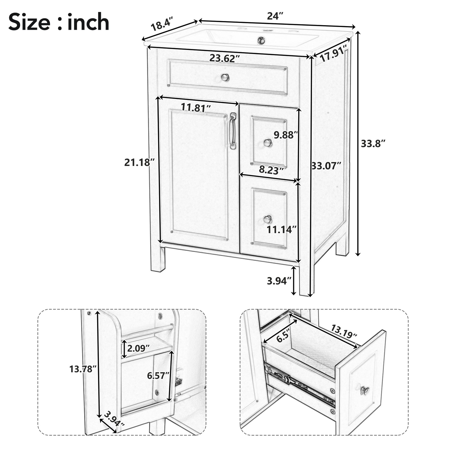 VanityFus 24-in Bathroom Vanity Black Single Sink Combo Ceramic Top 1 Soft-Close Doors 2 Drawer