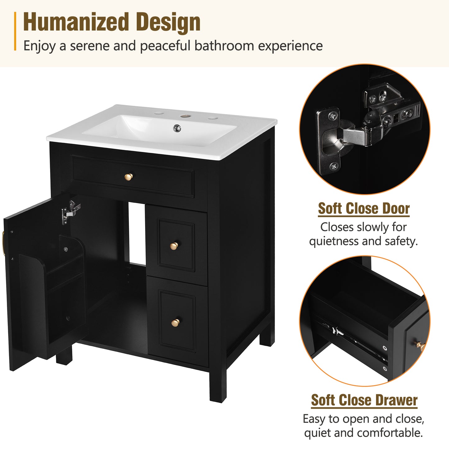 VanityFus 24-in Bathroom Vanity Black Single Sink Combo Ceramic Top 1 Soft-Close Doors 2 Drawer