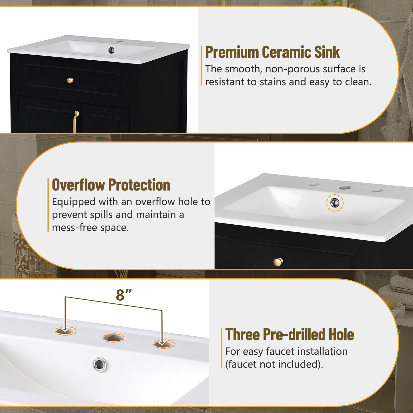 VanityFus 24-in Bathroom Vanity Black Single Sink Combo Ceramic Top 1 Soft-Close Doors 2 Drawer