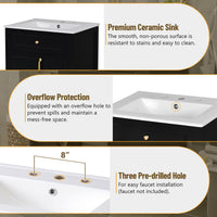 VanityFus 24-in Bathroom Vanity Black Single Sink Combo Ceramic Top 1 Soft-Close Doors 2 Drawer
