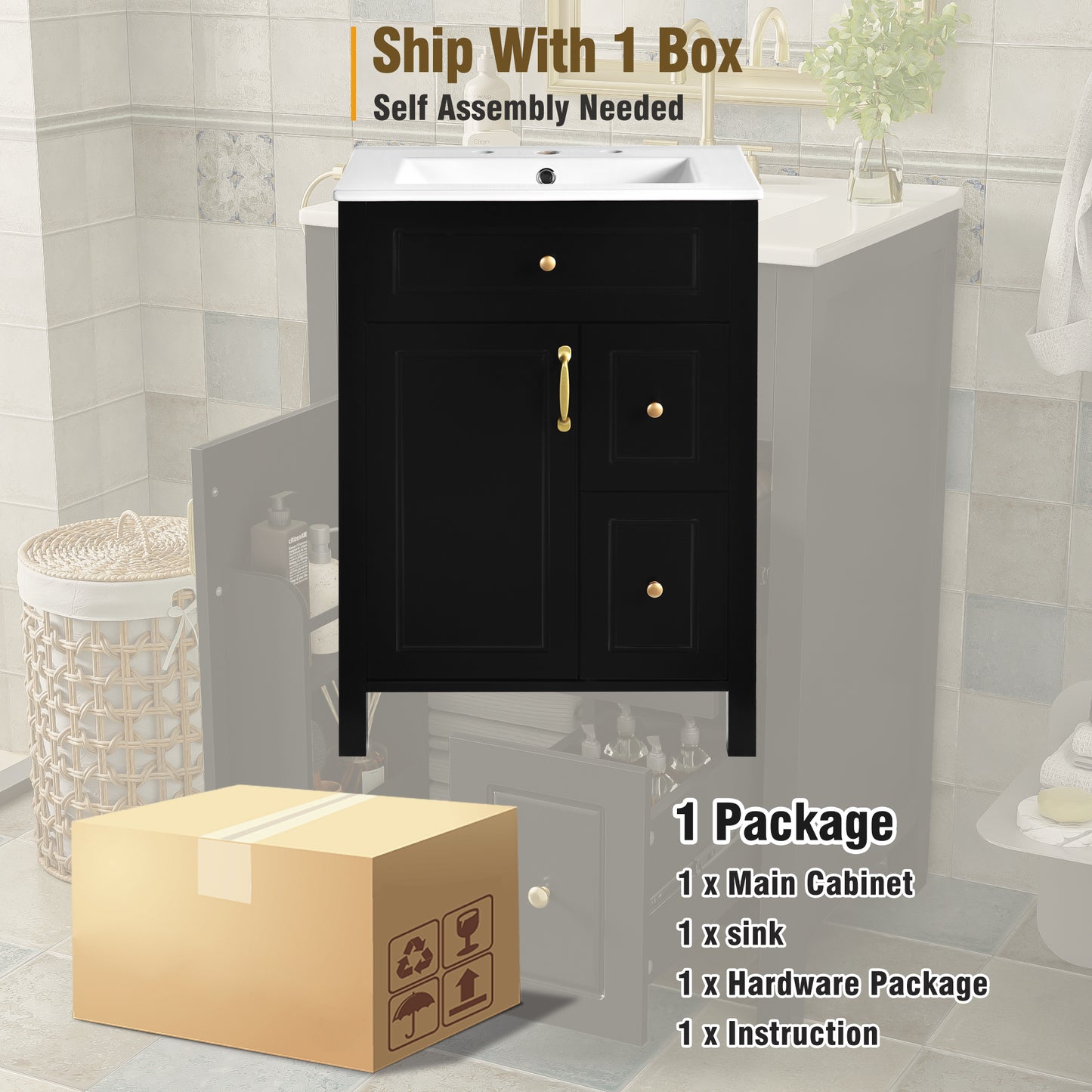 VanityFus 24-in Bathroom Vanity Black Single Sink Combo Ceramic Top 1 Soft-Close Doors 2 Drawer