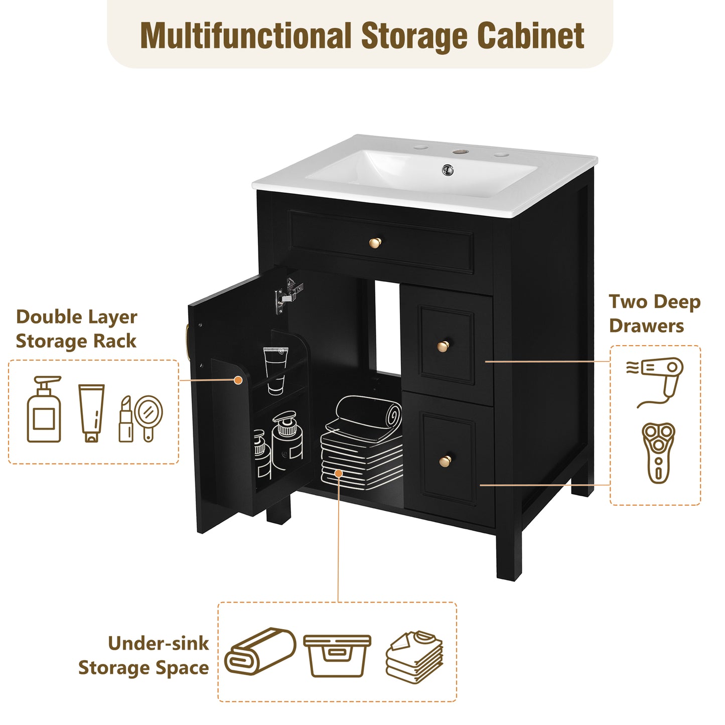 VanityFus 24-in Bathroom Vanity Black Single Sink Combo Ceramic Top 1 Soft-Close Doors 2 Drawer