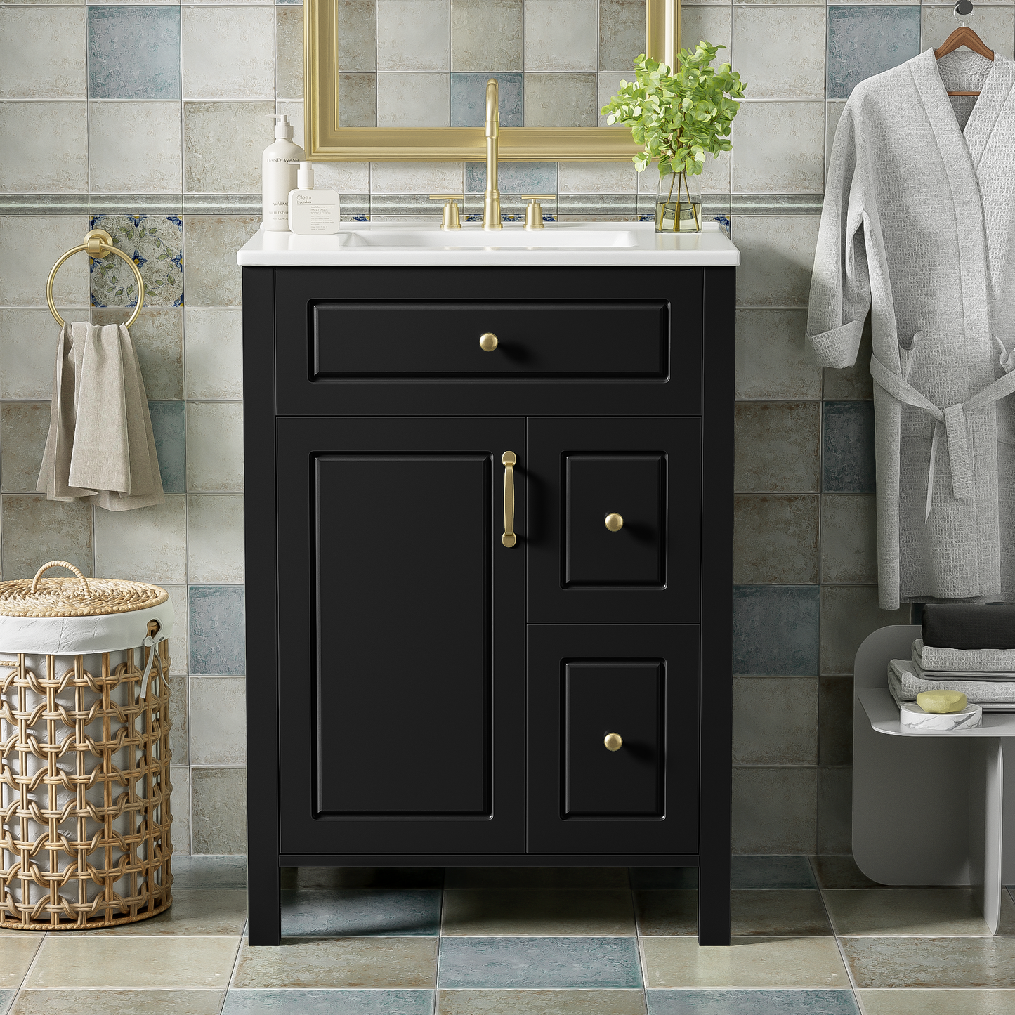 VanityFus 24-in Bathroom Vanity Black Single Sink Combo Ceramic Top 1 Soft-Close Doors 2 Drawer