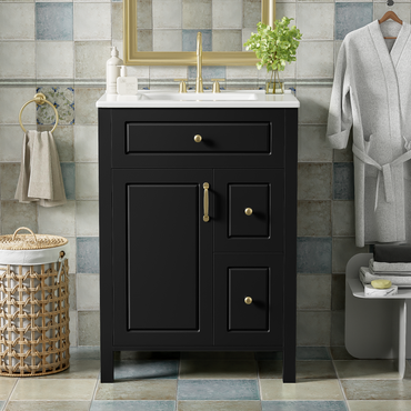 VanityFus 24-in Bathroom Vanity Black Single Sink Combo Ceramic Top 1 Soft-Close Doors 2 Drawer