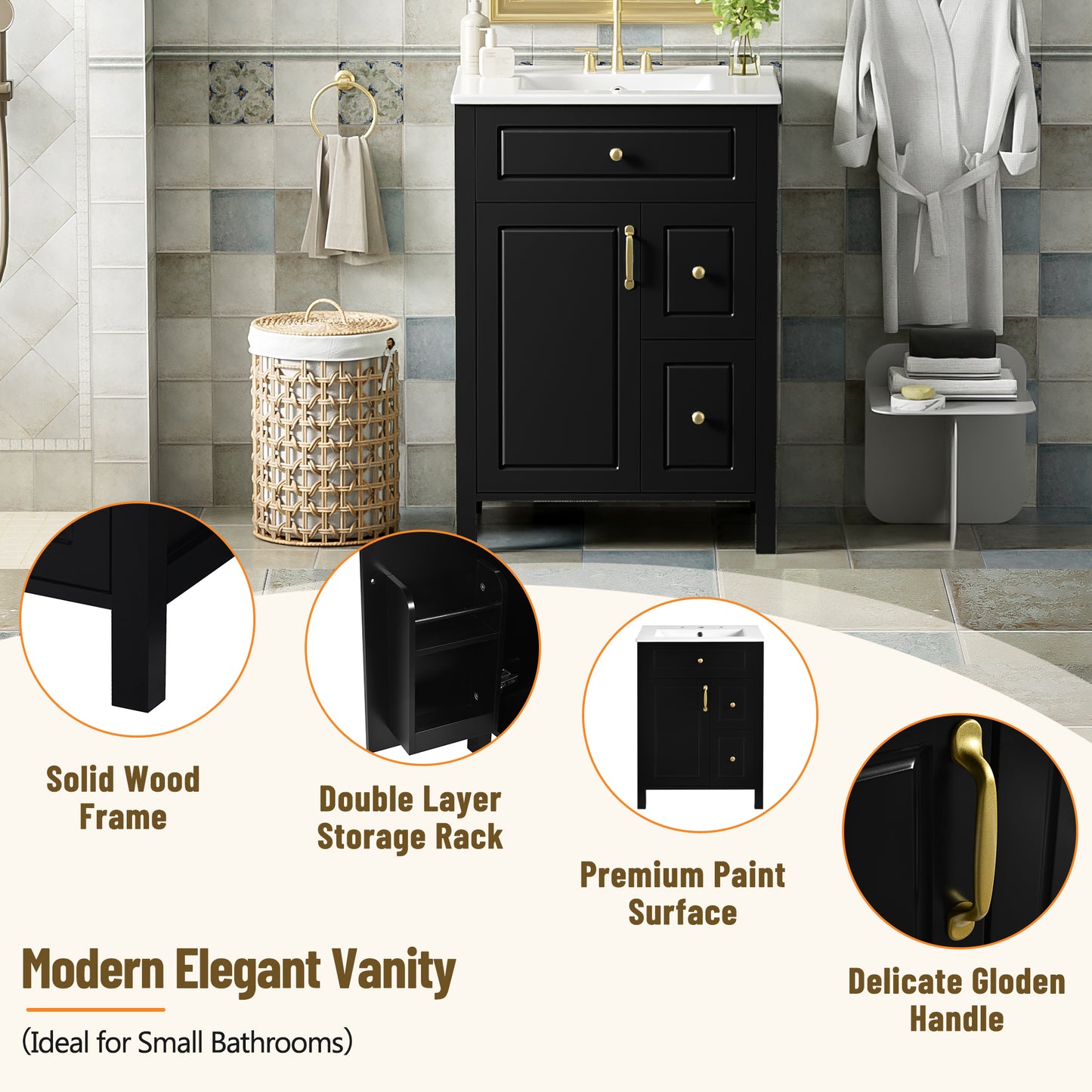 VanityFus 24-in Bathroom Vanity Black Single Sink Combo Ceramic Top 1 Soft-Close Doors 2 Drawer
