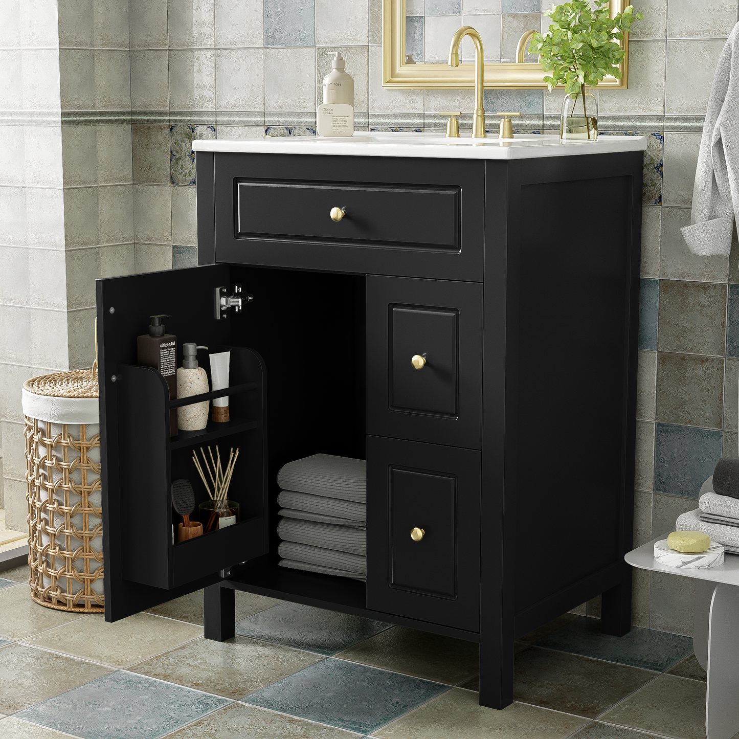 VanityFus 24-in Bathroom Vanity Black Single Sink Combo Ceramic Top 1 Soft-Close Doors 2 Drawer
