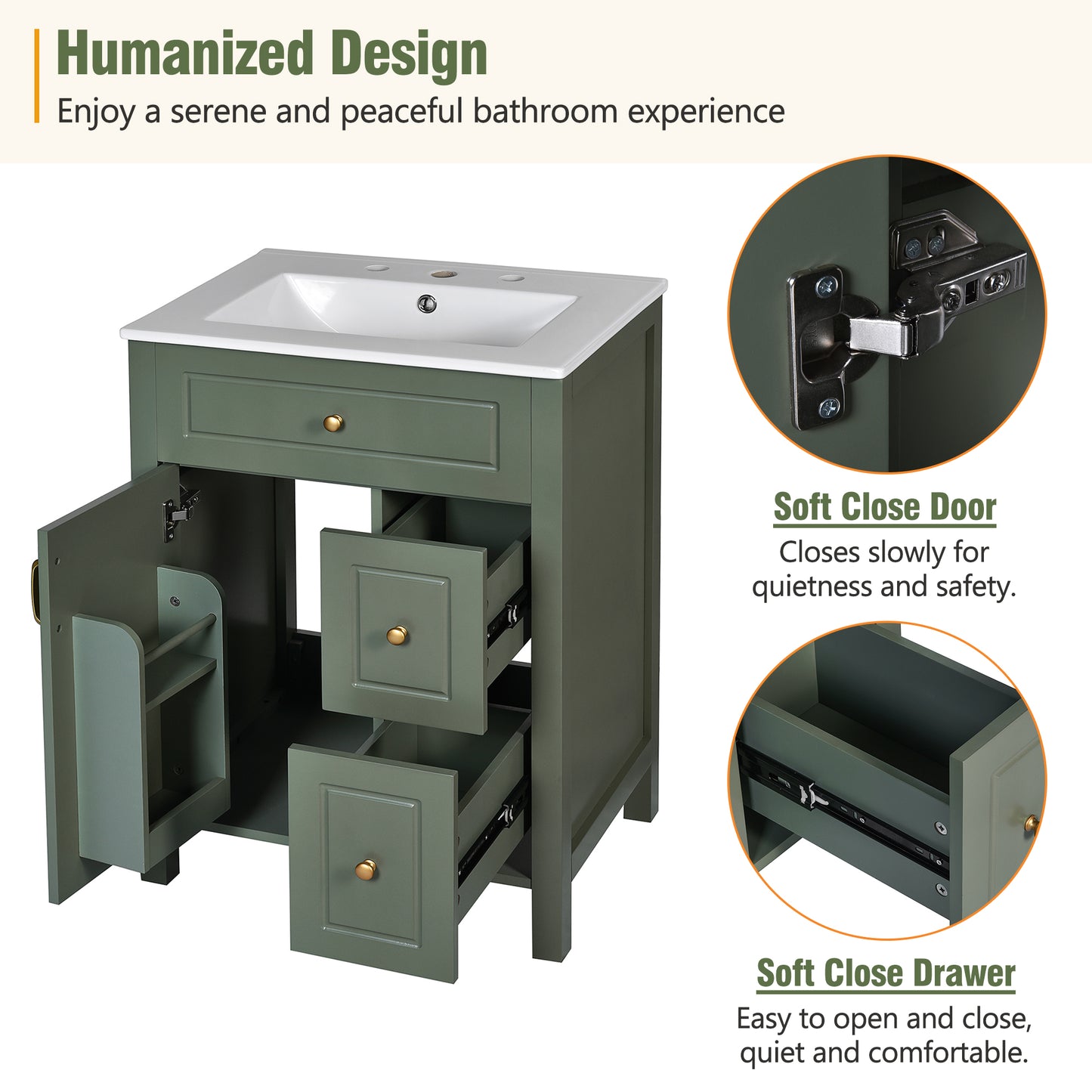 VanityFus 24-in Bathroom Vanity Green Single Sink Combo Ceramic Top 1 Soft-Close Doors 2 Drawer
