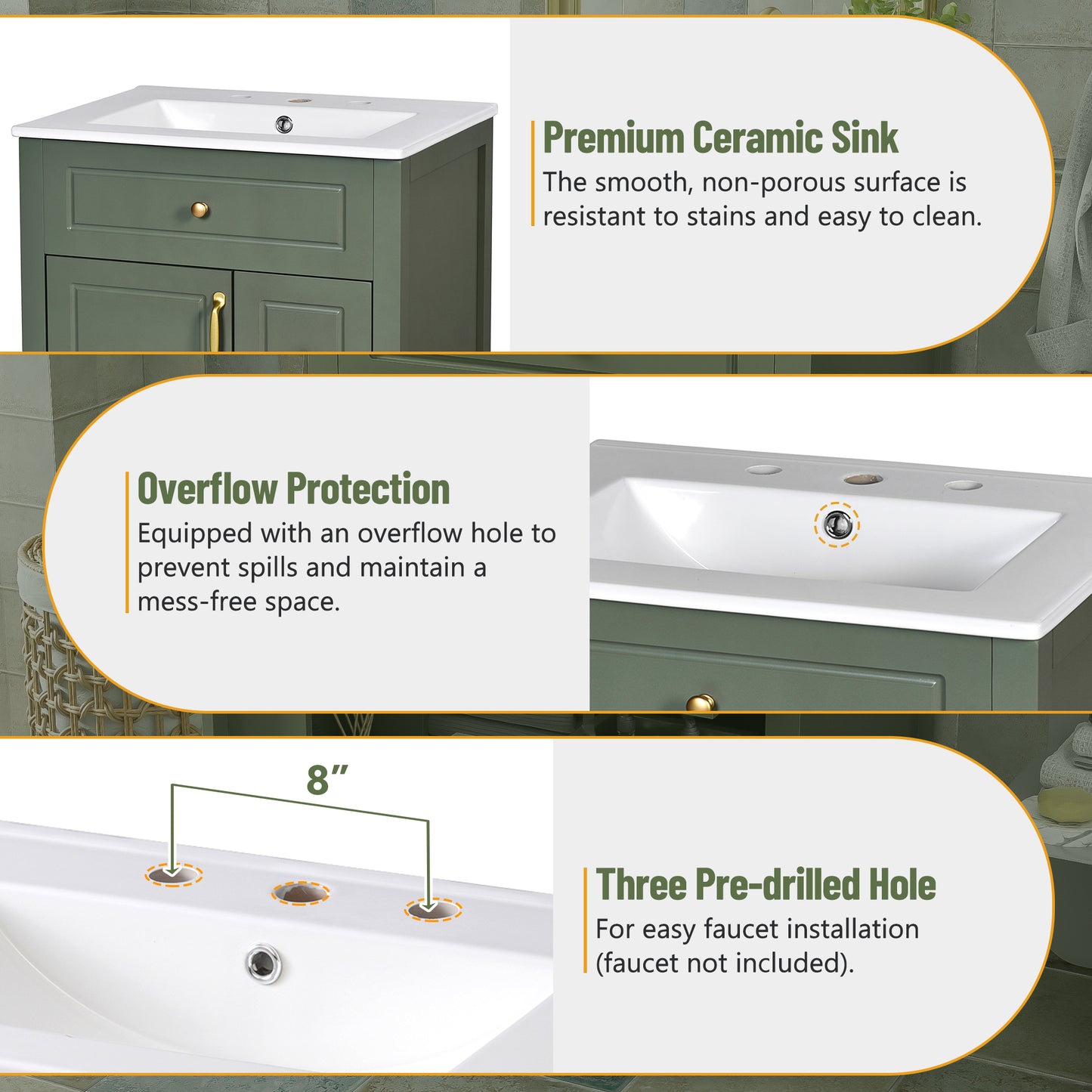 VanityFus 24-in Bathroom Vanity Green Single Sink Combo Ceramic Top 1 Soft-Close Doors 2 Drawer