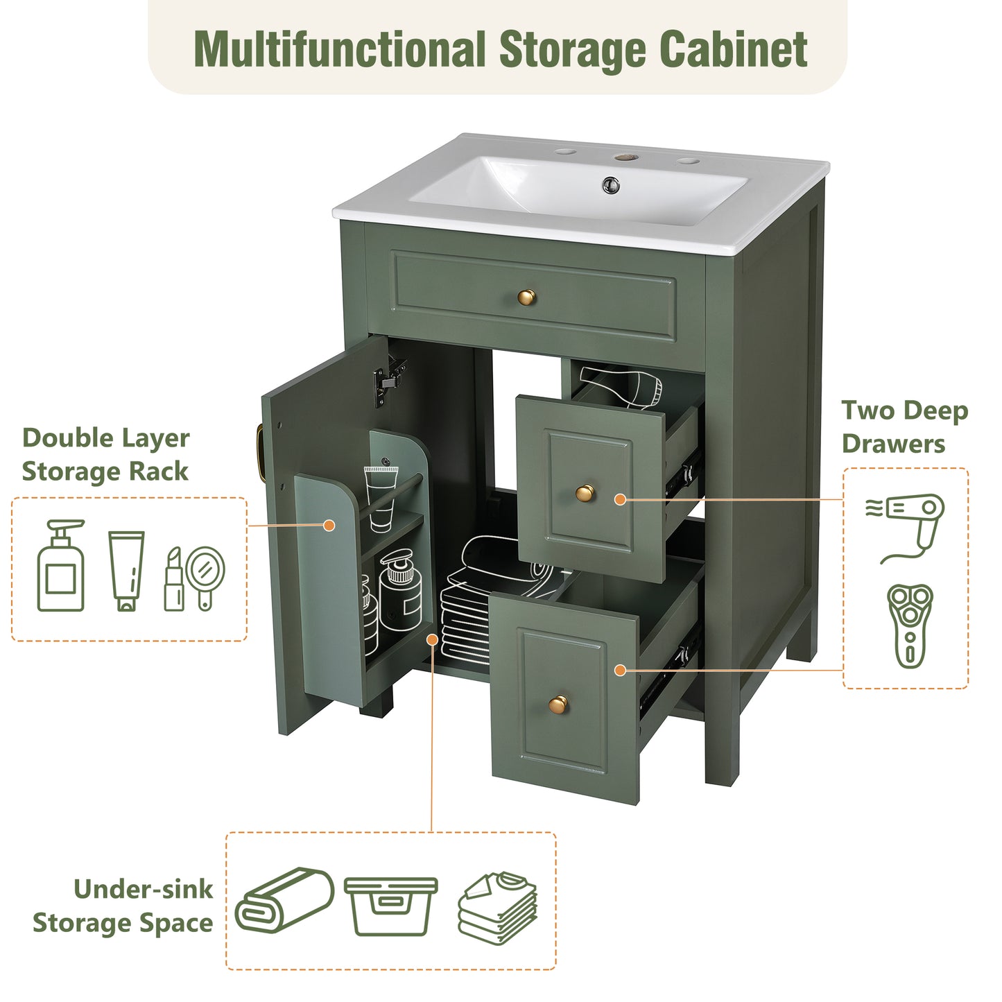 VanityFus 24-in Bathroom Vanity Green Single Sink Combo Ceramic Top 1 Soft-Close Doors 2 Drawer