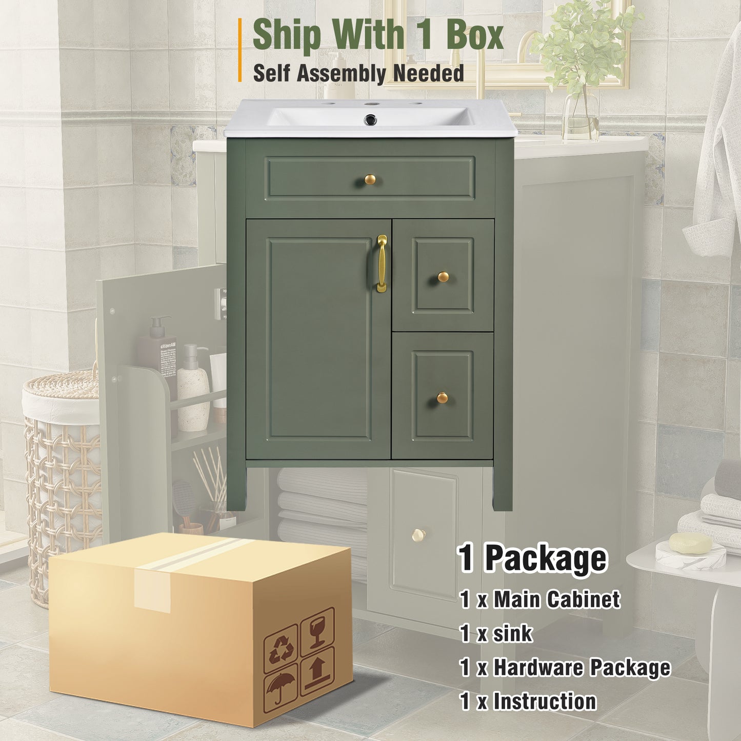 VanityFus 24-in Bathroom Vanity Green Single Sink Combo Ceramic Top 1 Soft-Close Doors 2 Drawer