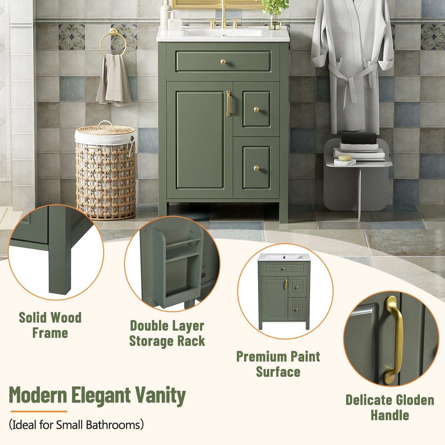 VanityFus 24-in Bathroom Vanity Green Single Sink Combo Ceramic Top 1 Soft-Close Doors 2 Drawer