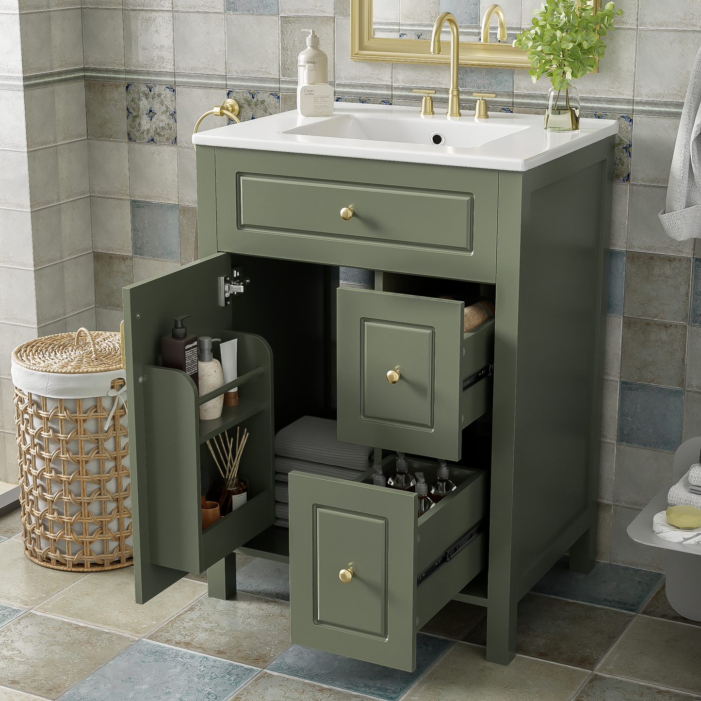 VanityFus 24-in Bathroom Vanity Green Single Sink Combo Ceramic Top 1 Soft-Close Doors 2 Drawer
