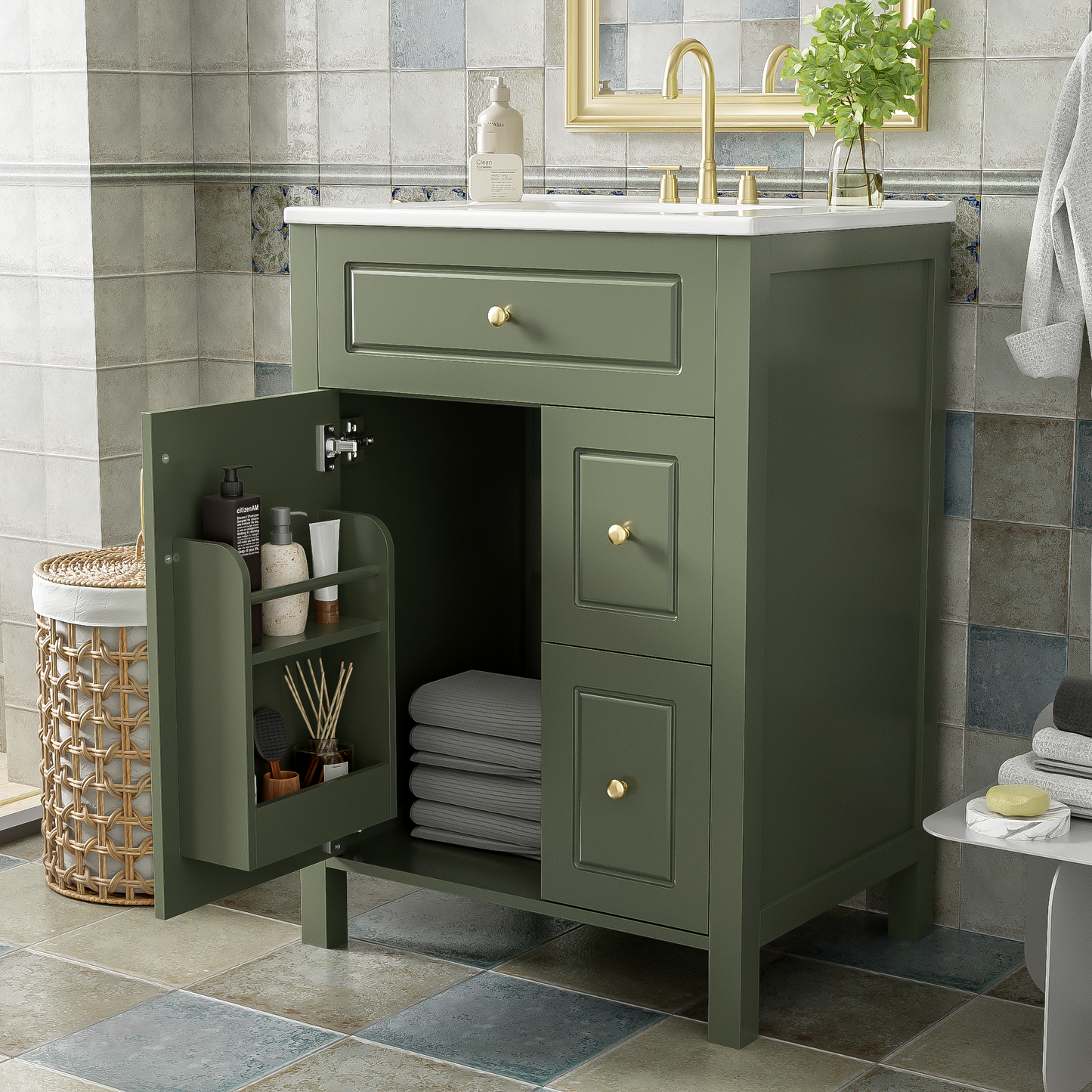 VanityFus 24-in Bathroom Vanity Green Single Sink Combo Ceramic Top 1 Soft-Close Doors 2 Drawer