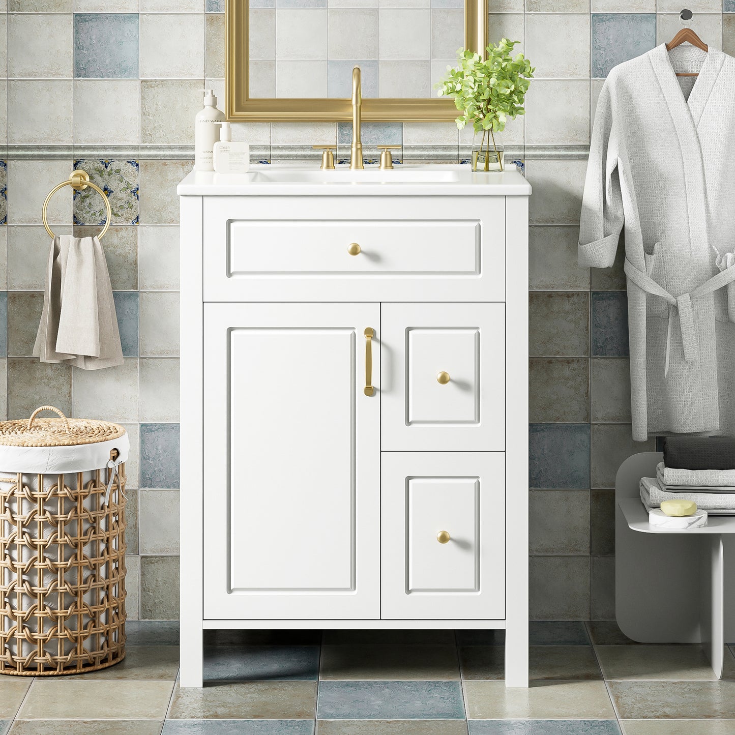 VanityFus 24-in Bathroom Vanity White Single Sink Combo Ceramic Top 1 Soft-Close Doors 2 Drawer