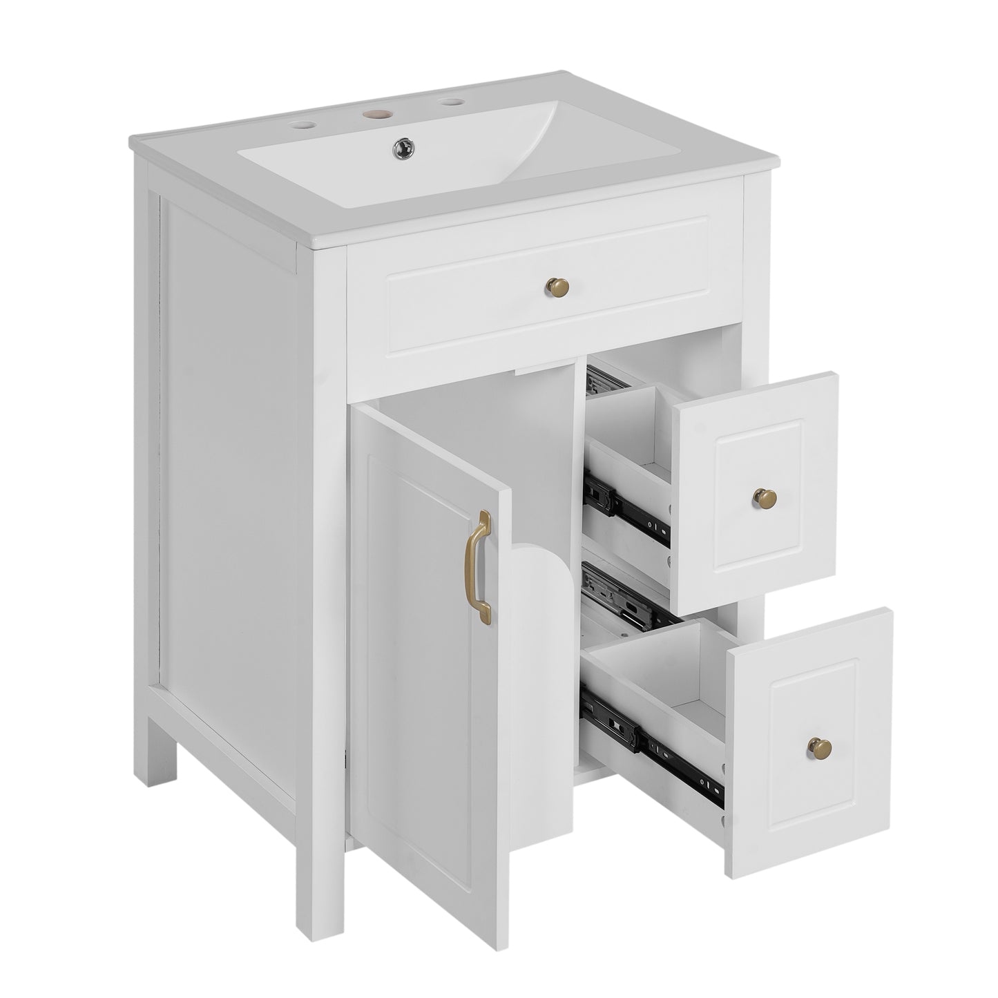 VanityFus 24-in Bathroom Vanity White Single Sink Combo Ceramic Top 1 Soft-Close Doors 2 Drawer