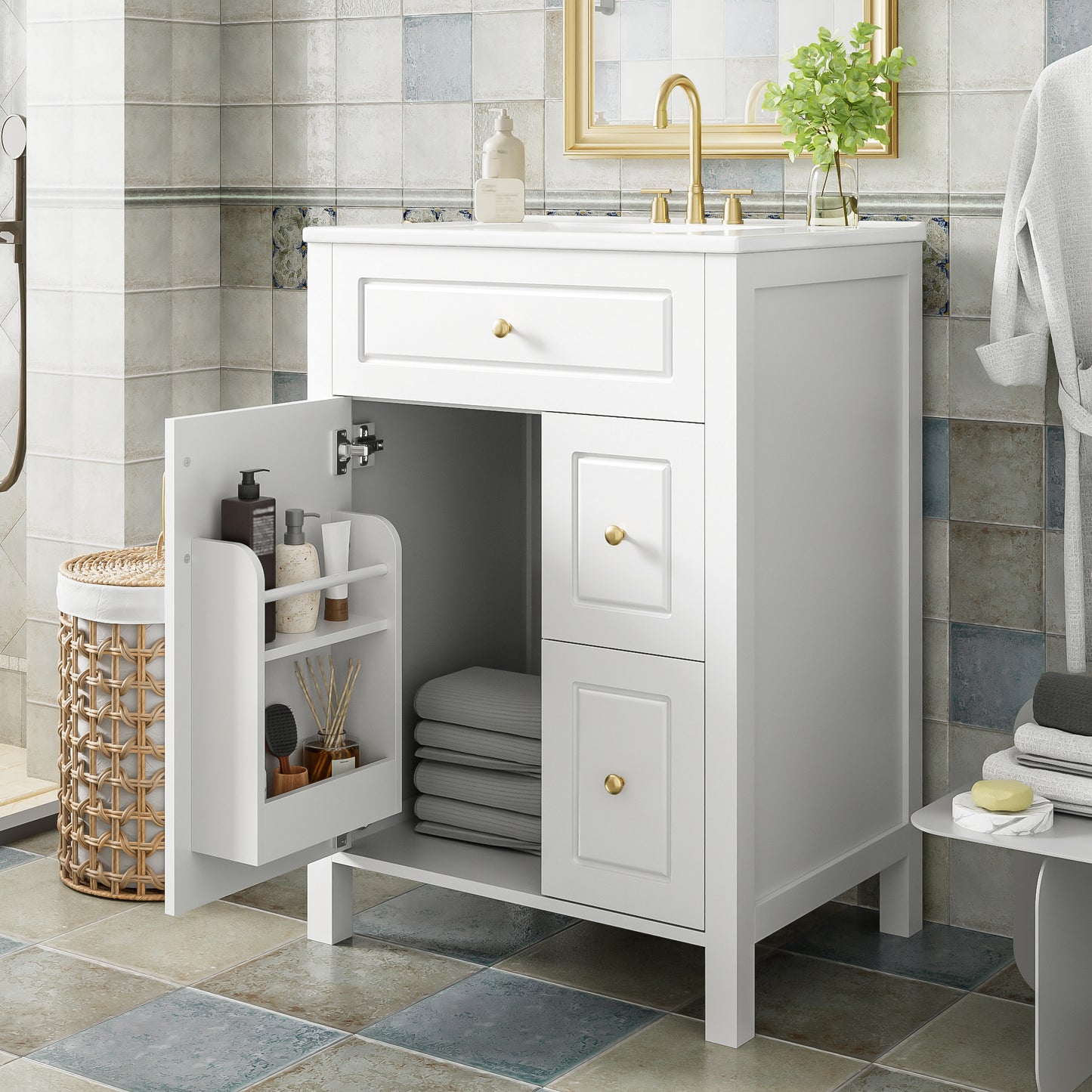 VanityFus 24-in Bathroom Vanity White Single Sink Combo Ceramic Top 1 Soft-Close Doors 2 Drawer