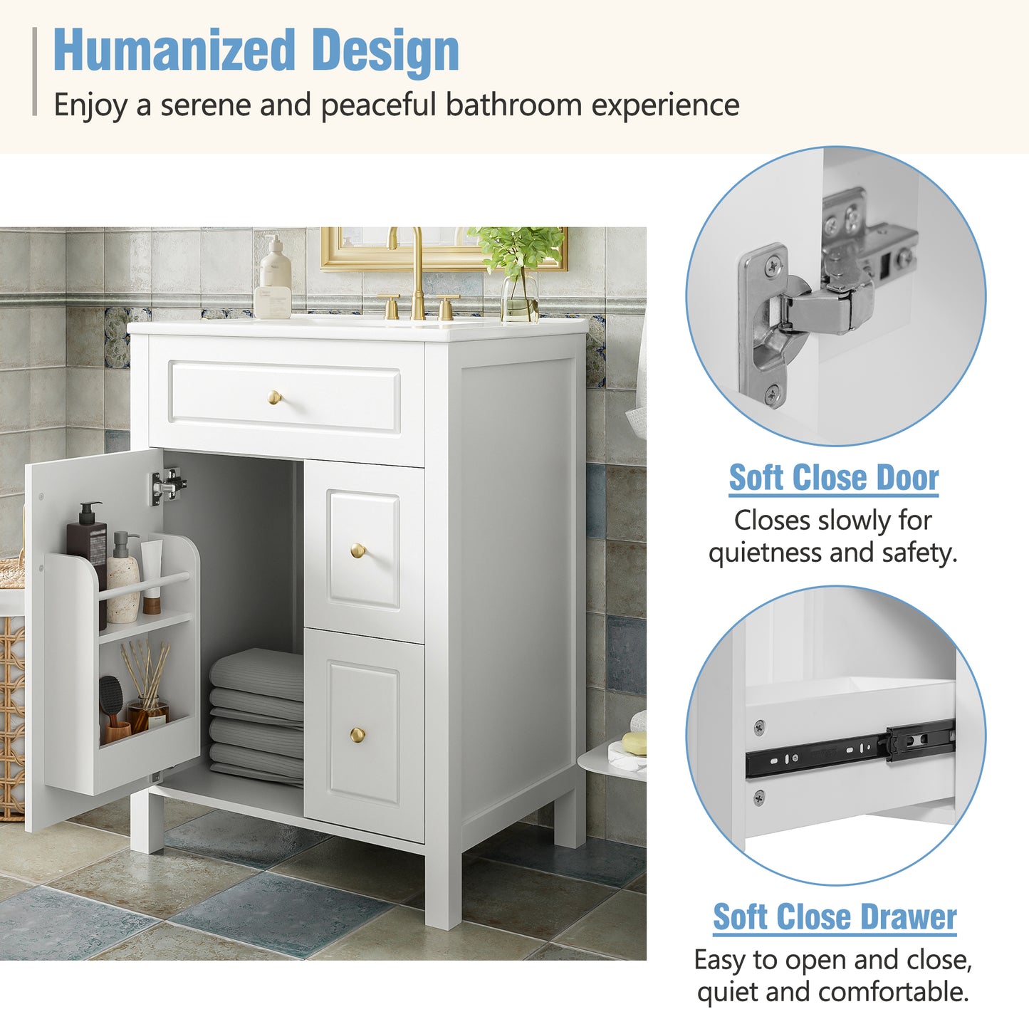 VanityFus 24-in Bathroom Vanity White Single Sink Combo Ceramic Top 1 Soft-Close Doors 2 Drawer