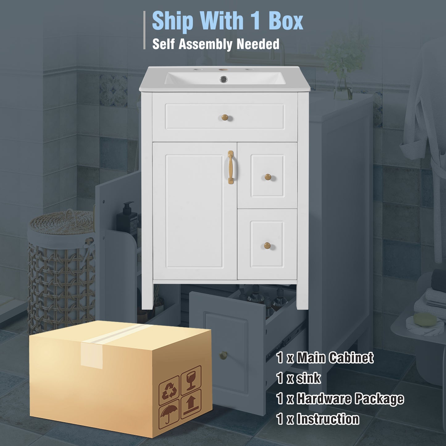 VanityFus 24-in Bathroom Vanity White Single Sink Combo Ceramic Top 1 Soft-Close Doors 2 Drawer
