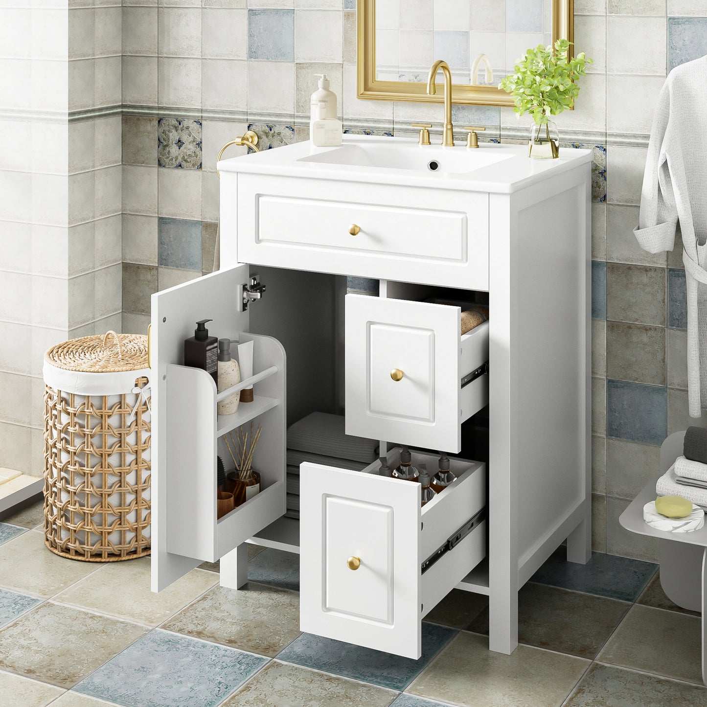 VanityFus 24-in Bathroom Vanity White Single Sink Combo Ceramic Top 1 Soft-Close Doors 2 Drawer