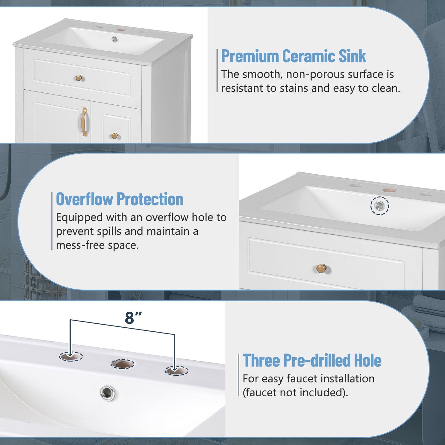 VanityFus 24-in Bathroom Vanity White Single Sink Combo Ceramic Top 1 Soft-Close Doors 2 Drawer