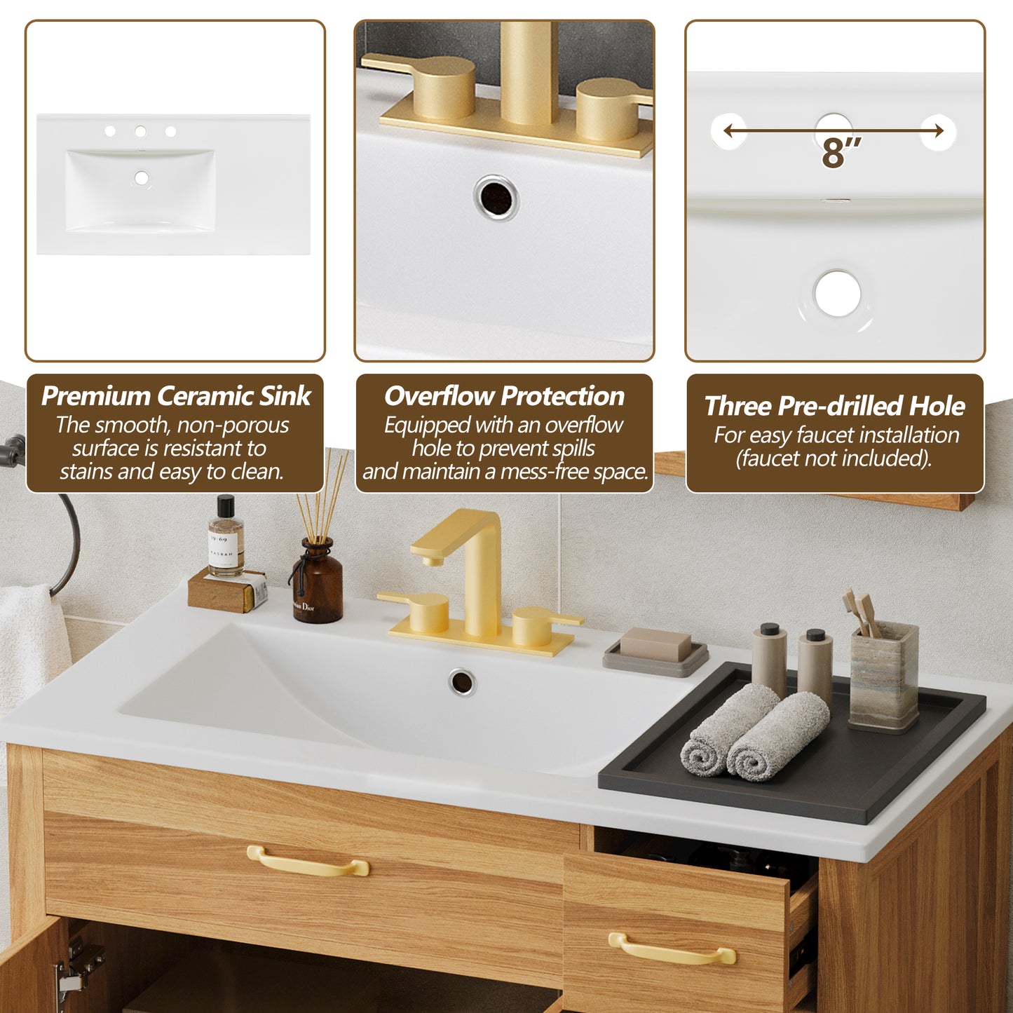 VanityFus 36-in Bathroom Vanity Single Sink Combo Wood Ceramic Top 2 Soft-Close Doors 3 Drawer Adjustable shelves