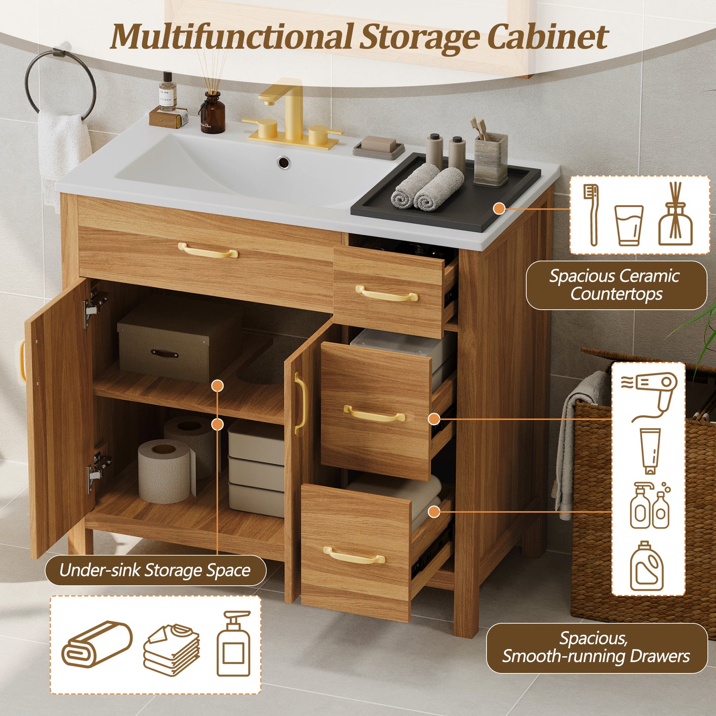 VanityFus 36-in Bathroom Vanity Single Sink Combo Wood Ceramic Top 2 Soft-Close Doors 3 Drawer Adjustable shelves
