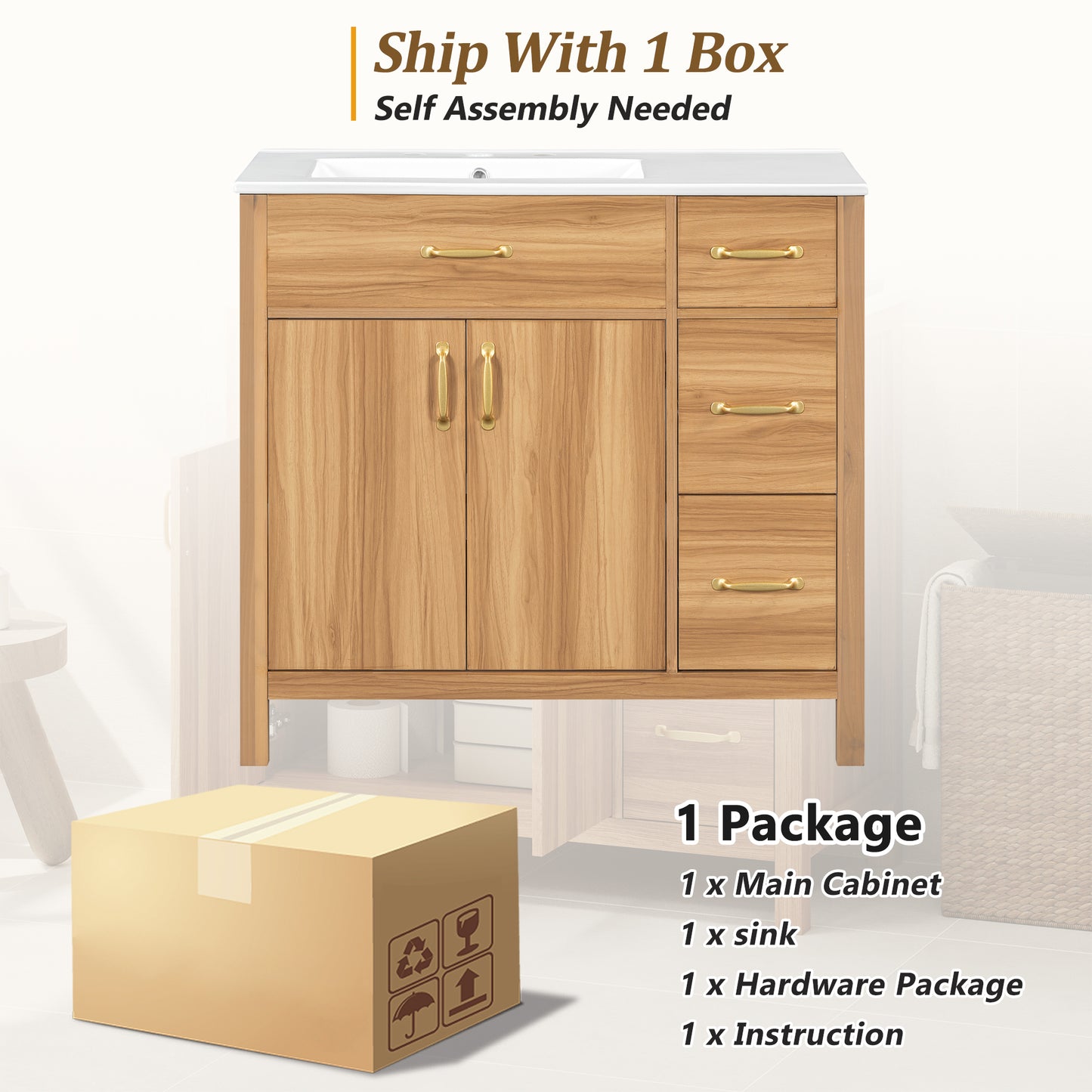 VanityFus 36-in Bathroom Vanity Single Sink Combo Wood Ceramic Top 2 Soft-Close Doors 3 Drawer Adjustable shelves