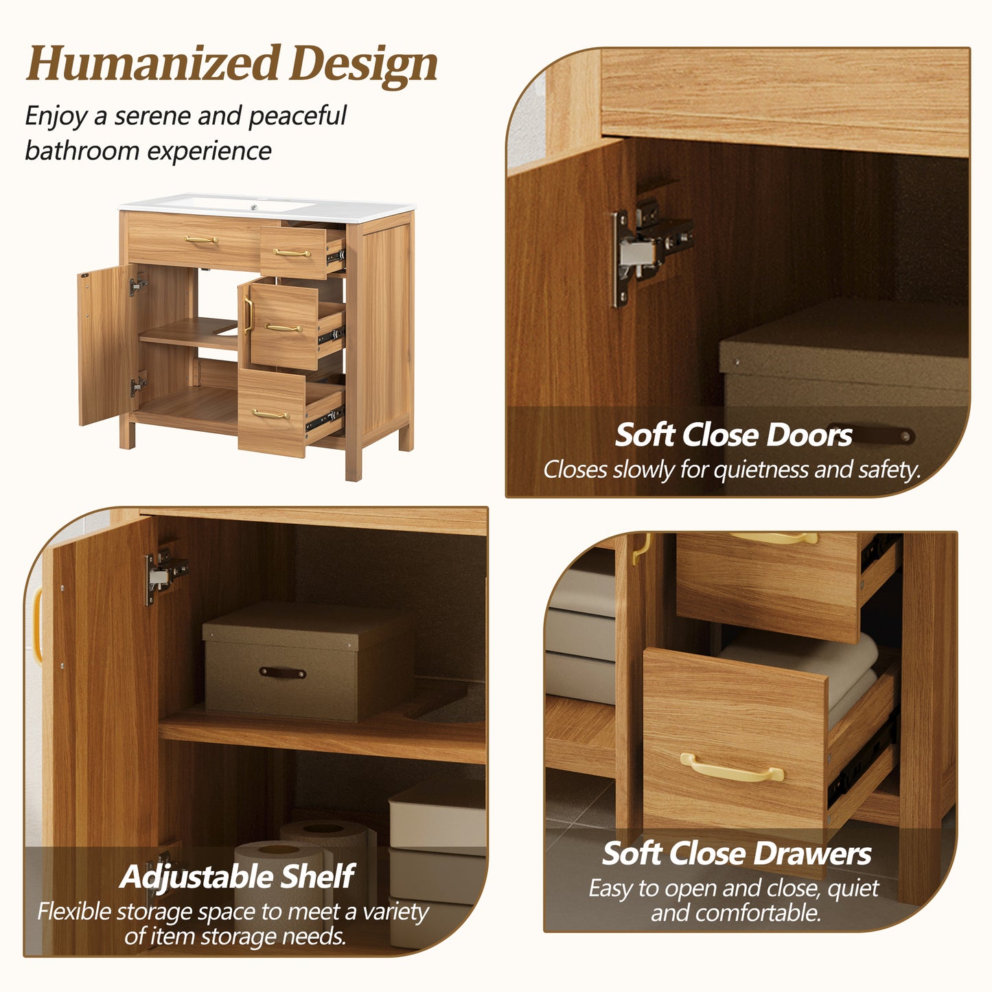VanityFus 36-in Bathroom Vanity Single Sink Combo Wood Ceramic Top 2 Soft-Close Doors 3 Drawer Adjustable shelves